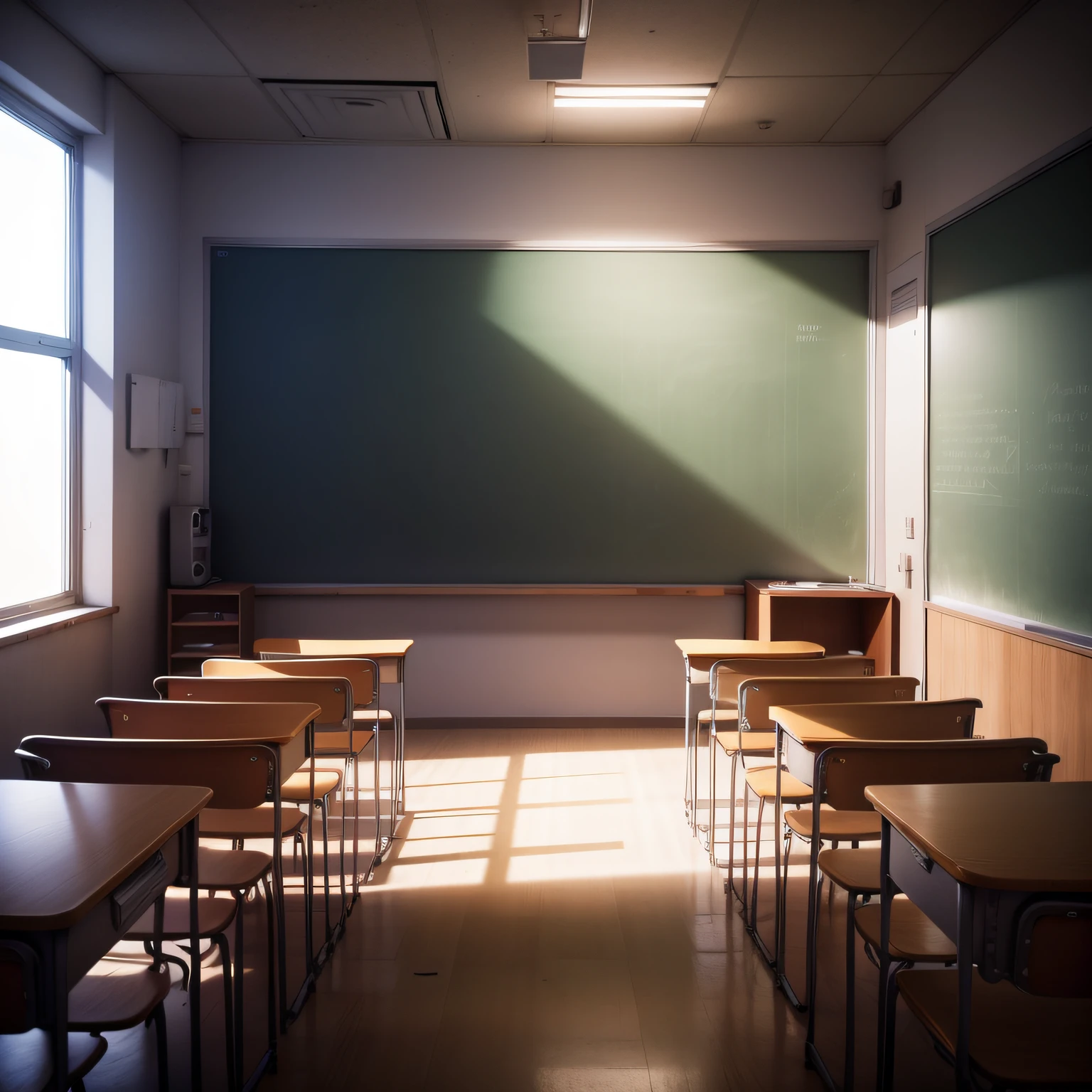 Empty classrooms at night,Fantastic style,There is no strong light,More empty classrooms