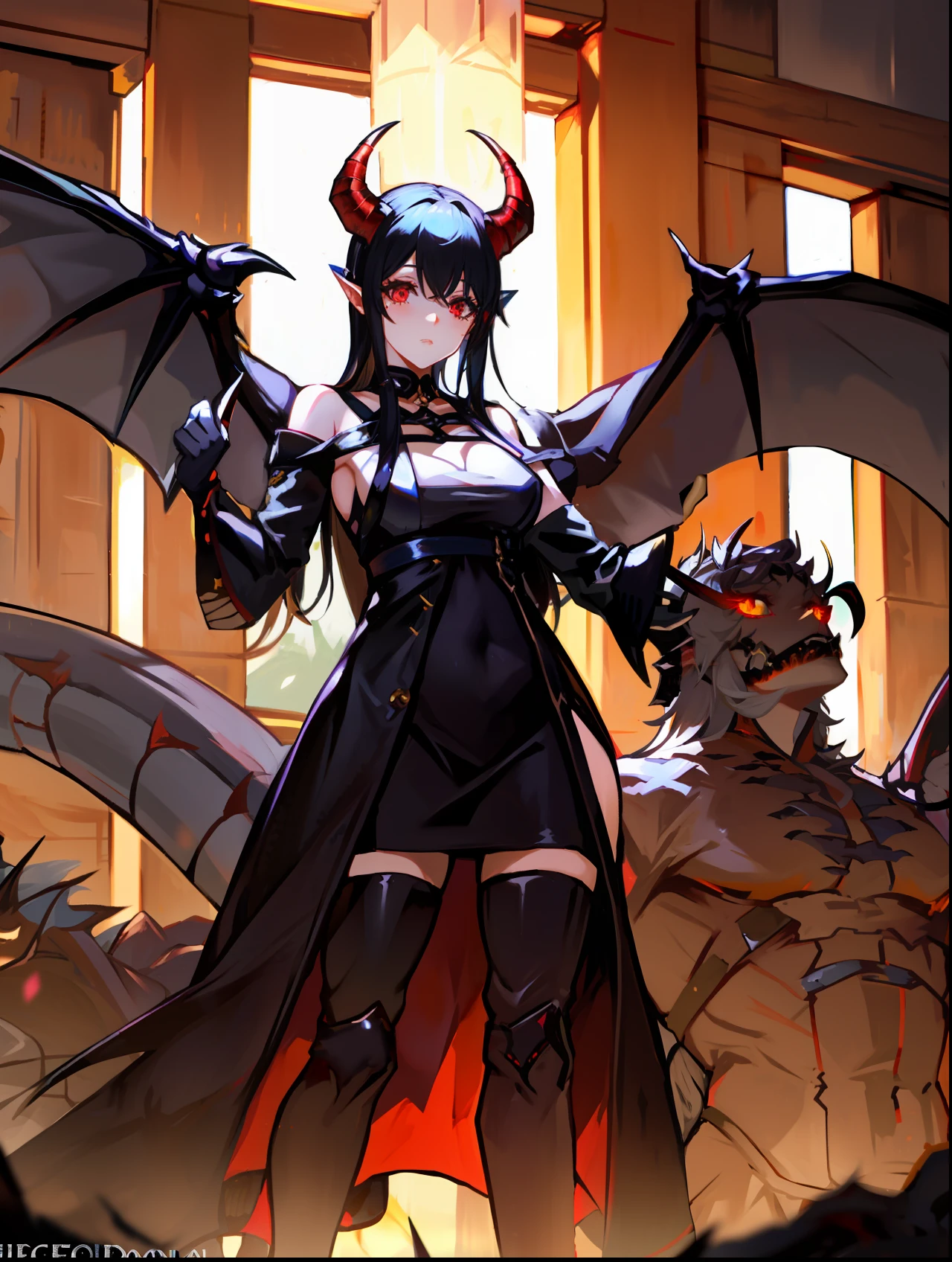 Anime - Stylistic illustration of a woman dressed in black,There are horns and horns, Succubus, a beautiful succubus, demon anime girl, succubus in tight kilt, Demon Girl, Succubus | medieval, Anime monster girl, mika kurai demon, Dragon girl, monstergirl, by Yang J, giesha demon, queen of hell, demoness