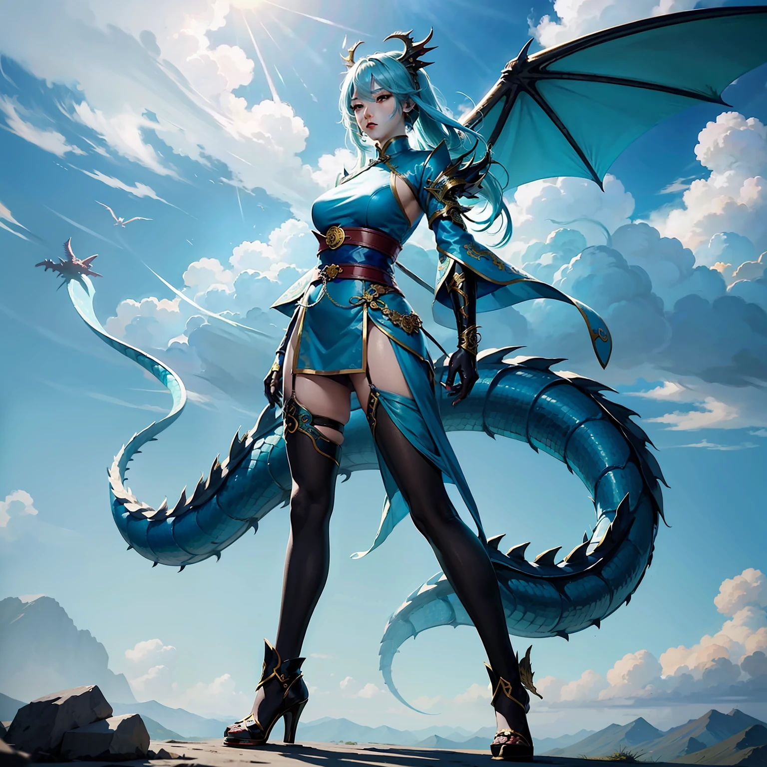 anime art of a woman standing in front of a dragon, cyan chinese dragon fantasy, by Yang J, chinese dragon concept art, chinese fantasy, majestic japanese dragon, anime fantasy illustration, blue dragon, a dragon made of clouds, alice x. zhang, by Li Zai, anime fantasy artwork, 2. 5 d cgi anime fantasy artwork, by Bayard Wu