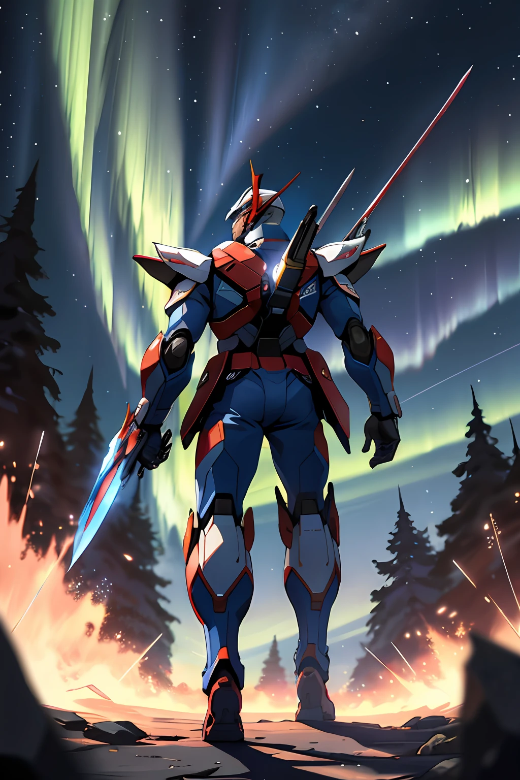 Best quality at best,tmasterpiece,超高分辨率,detailed back ground,Realistis,illustratio,from below,full bodyesbian,独奏,1 Gundam,Battle damage mech,Aurora cannon,Hold a knife in hand,Tear open the mountain,All armed,Full-body armor state,Volumetriclighting,depth of fields