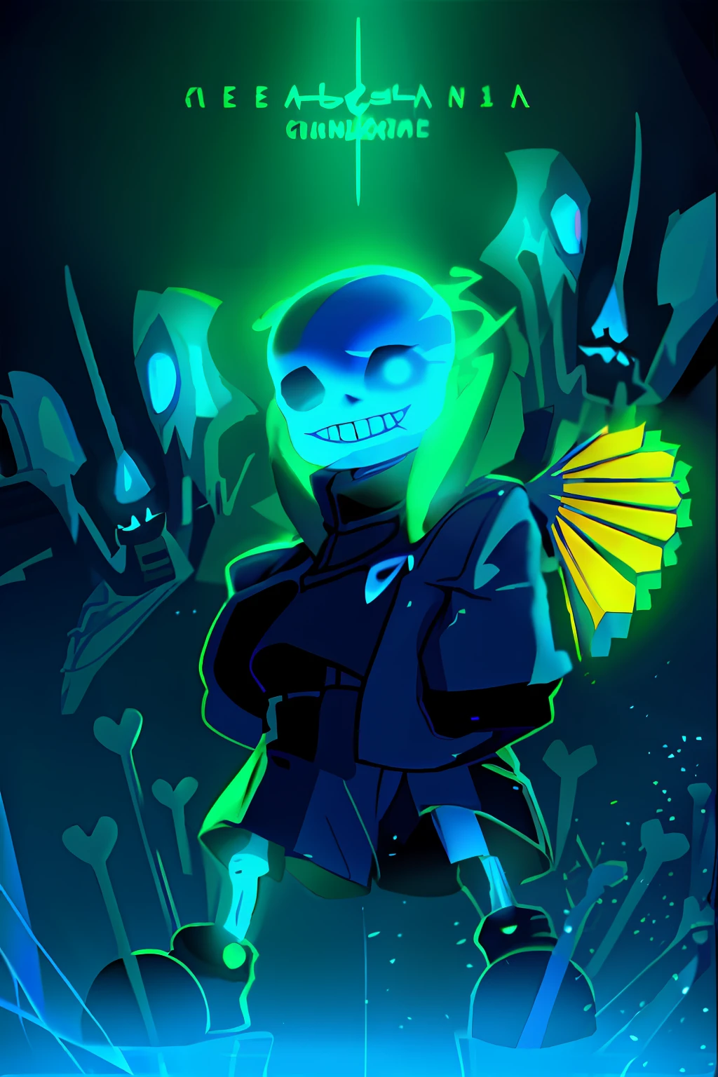 A cartoon character with a skeleton，Wearing blue clothes，The head glows, Vibrant fan art, sans undertale, Undertale Frisk, Glowing bones, official fan art, heartstone original art style, [[[[grinning evily]]]], Shine brightly，Epic, High-quality fanart, :: rossdraws, Game art!!, the wallpaper!, unknown artstyle, offcial art