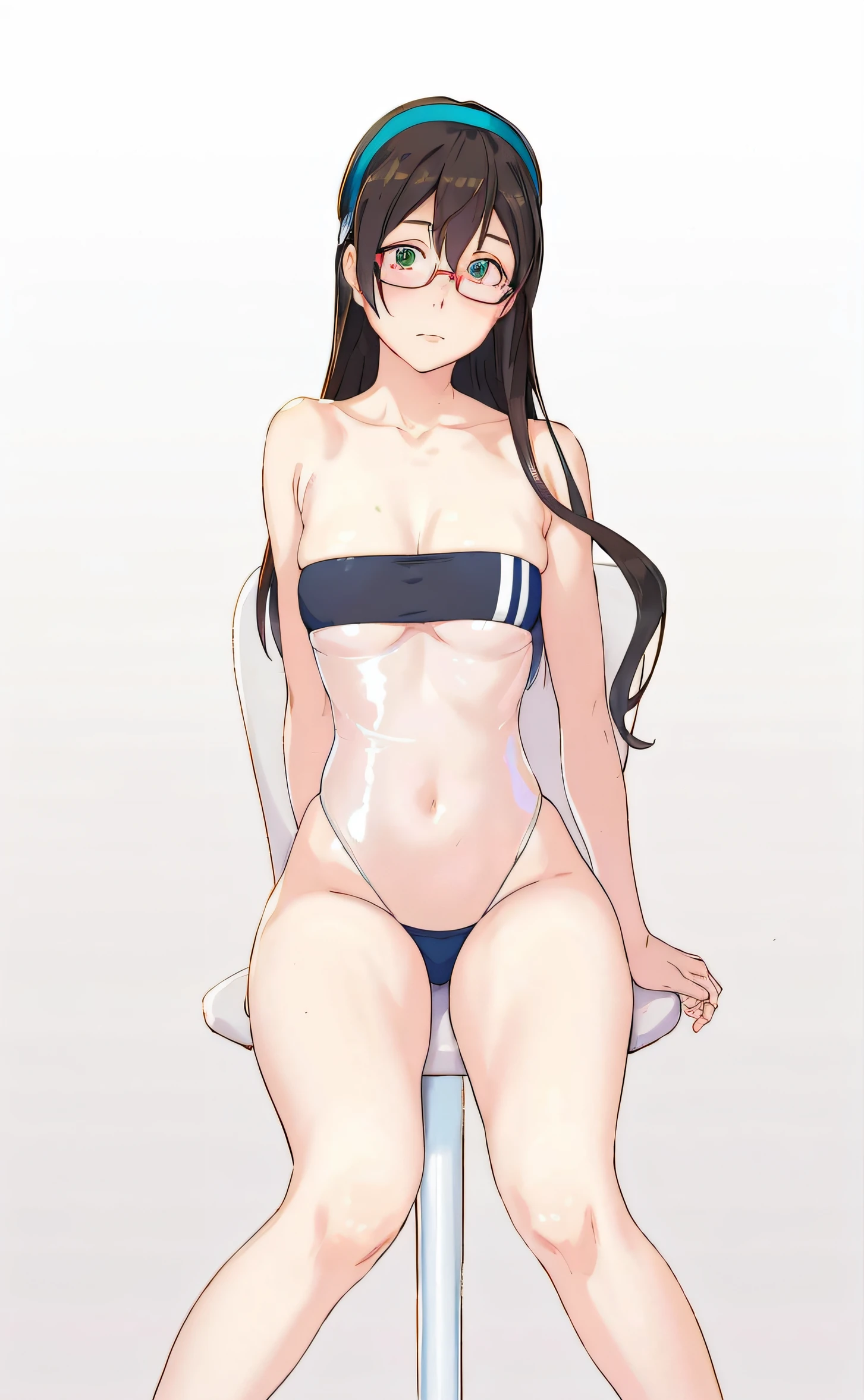 Anime girl in bikini sitting in chair,Wearing a blue headband, seductive anime girls, full bodyesbian!!, in a bathing suit, thicc, With glasses, Anime moe art style, full bodyesbian!, realistic bikini, ecchi anime style, Smooth anime CG art, (Anime girl), oppai, at pixiv, hyuga hyuga, nagatoro