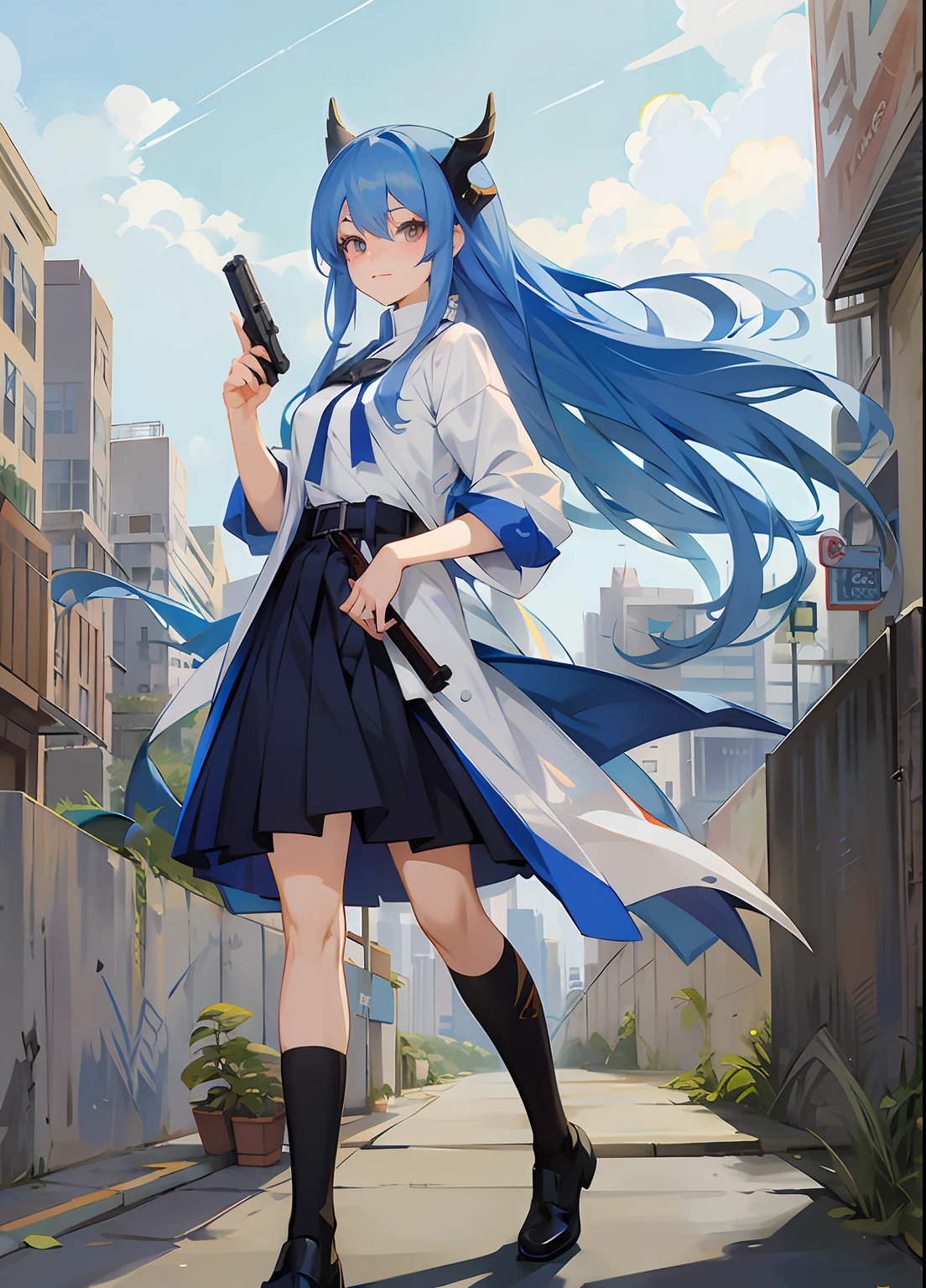 Anime girl with white hair holding gun in the city, Anime moe art style dragon girl