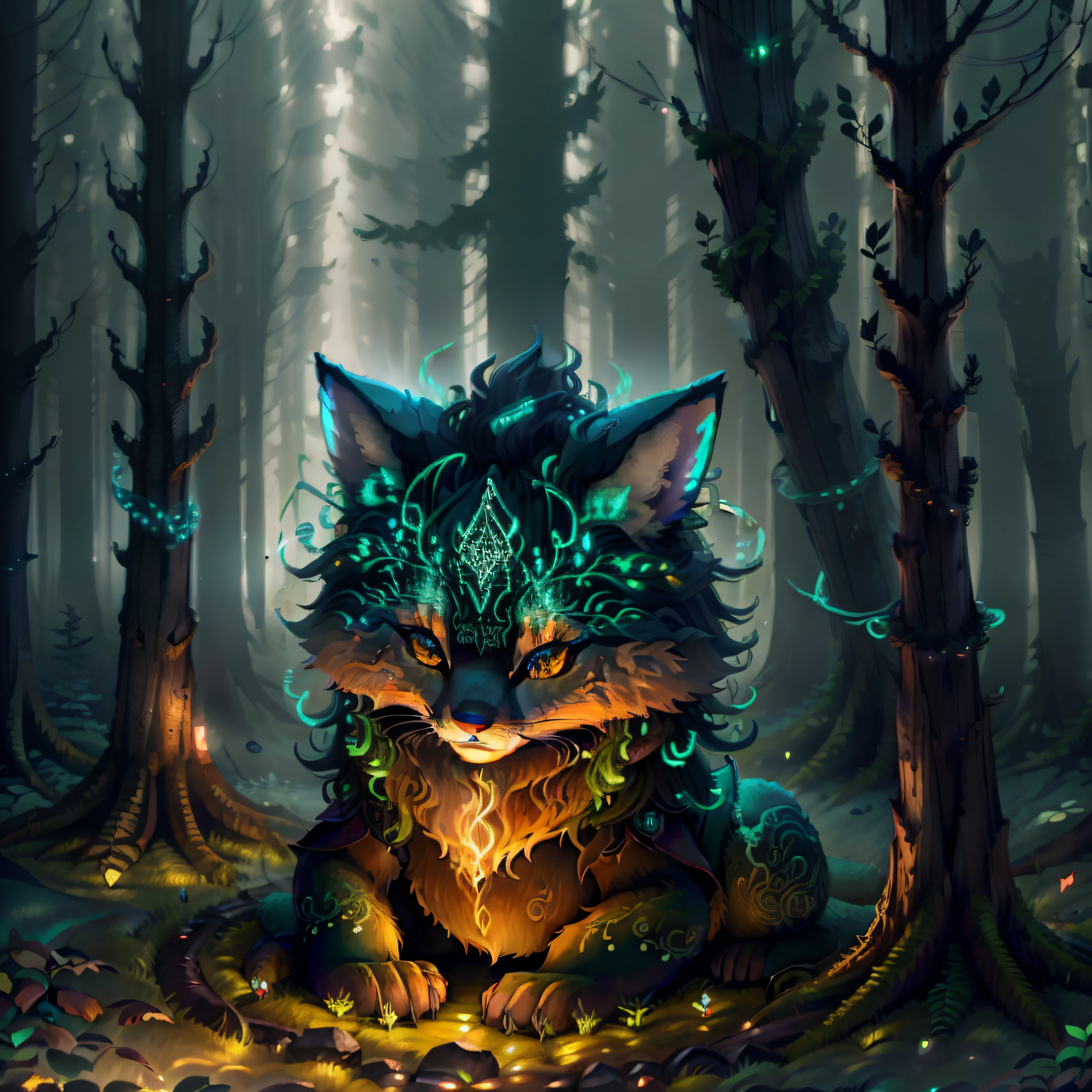 In the depths of a mystical forest, bathed in the soft glow of twilight, a fox spirit emerges from the shadows. Its vibrant orange fur shimmers with an otherworldly radiance, as if touched by moonlight. The spirit's eyes, a mesmerizing shade of amber, glint with ancient wisdom and mischievousness. Surrounded by towering trees with gnarled branches, the atmosphere is mystical and enchanting. Captured in the style of Studio Ghibli, using a render engine that emphasizes the play of light and shadow, this scene is filled with a sense of magic and wonder, drop shadow, tachi-e, pov, atmospheric perspective, Hyperrealism, En plein air, sparkle, glowing light, god rays, panorama, lens flare, 35mm, Canon, super detail, ccurate, best quality, 16k, award winning, masterpiece