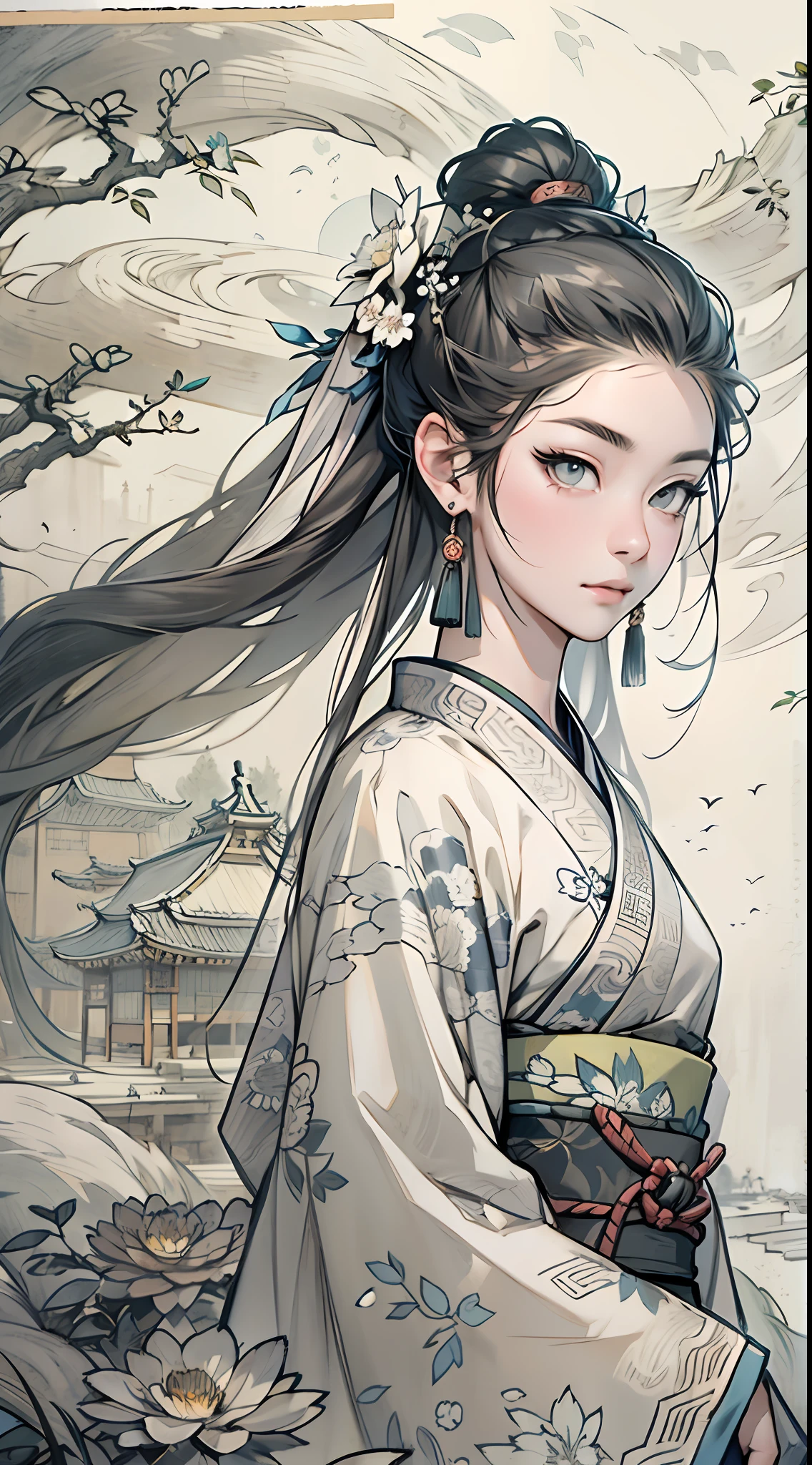 sketching,pencil drawing,Beautiful girl with ancient Chinese hairstyle,Pure,Beautiful,Tingting Yuli,Out of this world,Small building,themoon,There are small broken flowers on the head,fox ear,Chinese ancient style,Samurai clothes,Black and white picture,super-fine,Hair is carefully described,The eyes are carefully depicted,best qualtiy,8K分辨率,