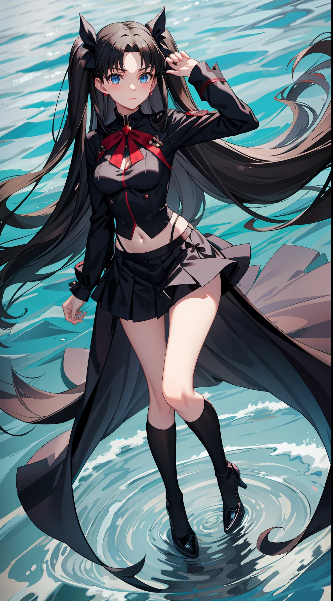 long hair, black hair, medium breast, slim legs, happy, blue gown, cleavage,  short skirt, rin tohsaka, twin tail, navel, blue eyes, thigh high socks, sunlight, seifuku, pool