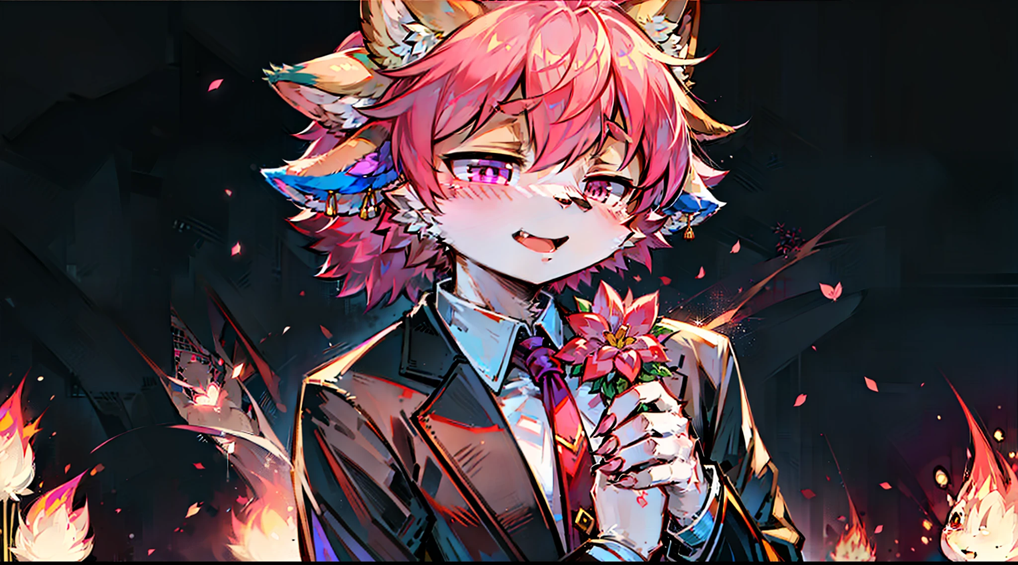 （1boys：1.3），neko boy，（shaggy：1.5），Holding a flower in one hand，The other hand bleeds，Squint，Pink hair，bodyfur，hyper cute face，Beautiful light and shadow，ambient lights，Ultra-detailed fur，full bodyesbian， lighting perfect， light particules， （tmasterpiece）， （ultra - detailed）， Sharp focus， light particules， niji， Blushlush， The color hair， short detailed hair， Sharp finger claws， 独奏， ssmile， 独奏， hairy pubic， Animal ear villi， Open your clothes， coda， with her mouth open， depth of fields， （best qualtiy） JW3，（Chinese art），Business suit，The background is the burning estate，