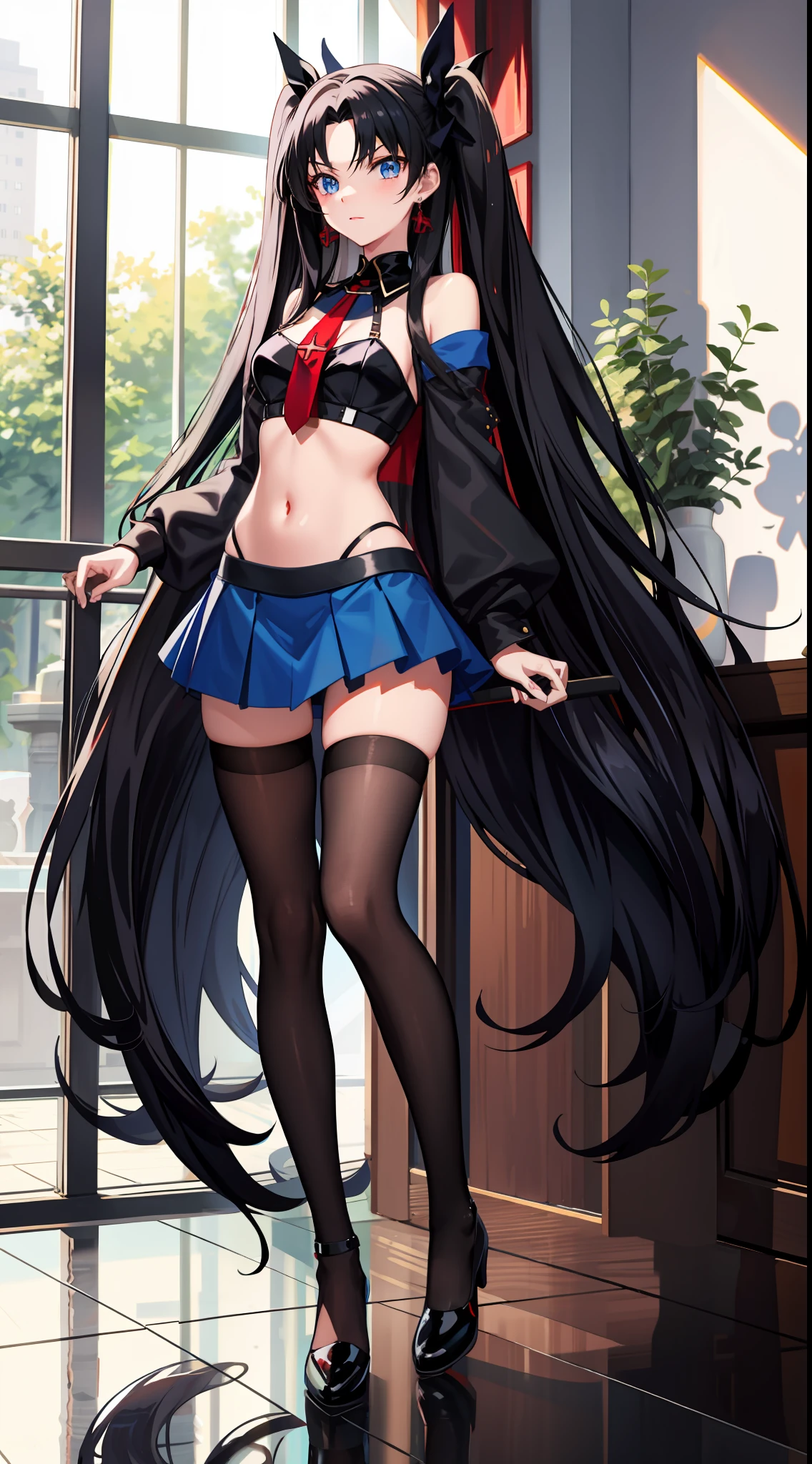 long hair, black hair, medium breast, slim legs, happy, blue gown, cleavage, short skirt, rin tohsaka, twin tail, navel, blue eyes, thigh high socks, sunlight, seifuku, pool