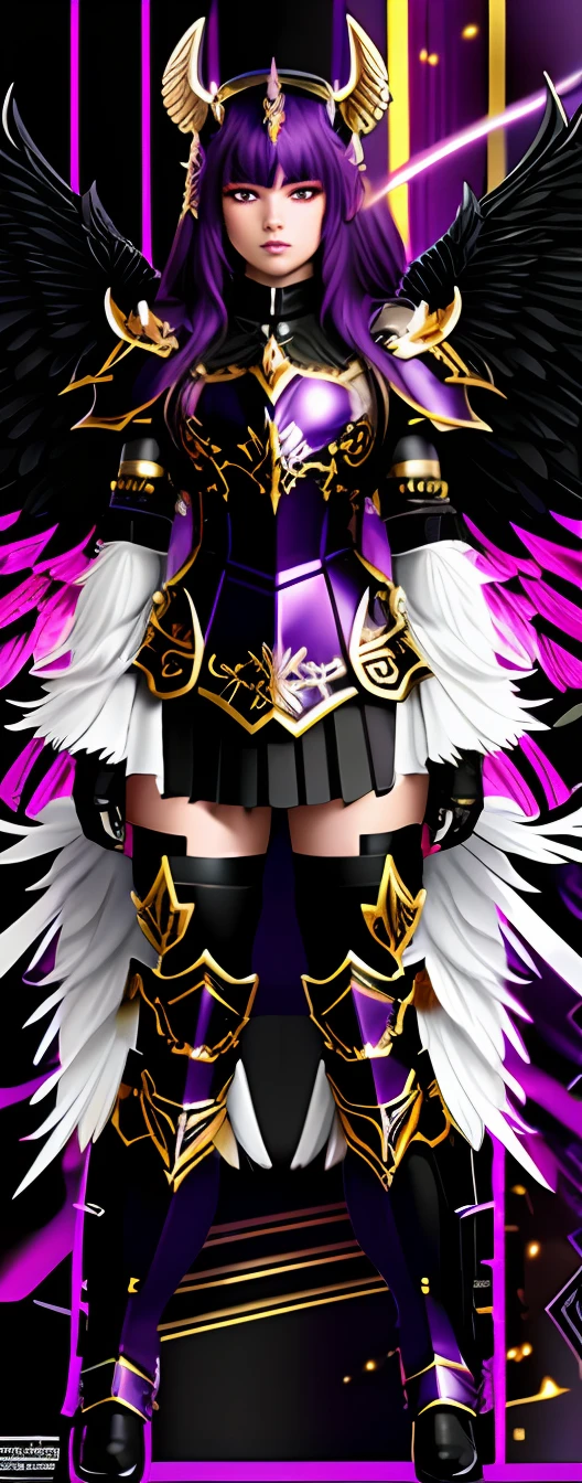 (Demon Angel with Heavy Black, Purple and gold armor, mit hochwertigen Details) Artenberatunges Gesicht.