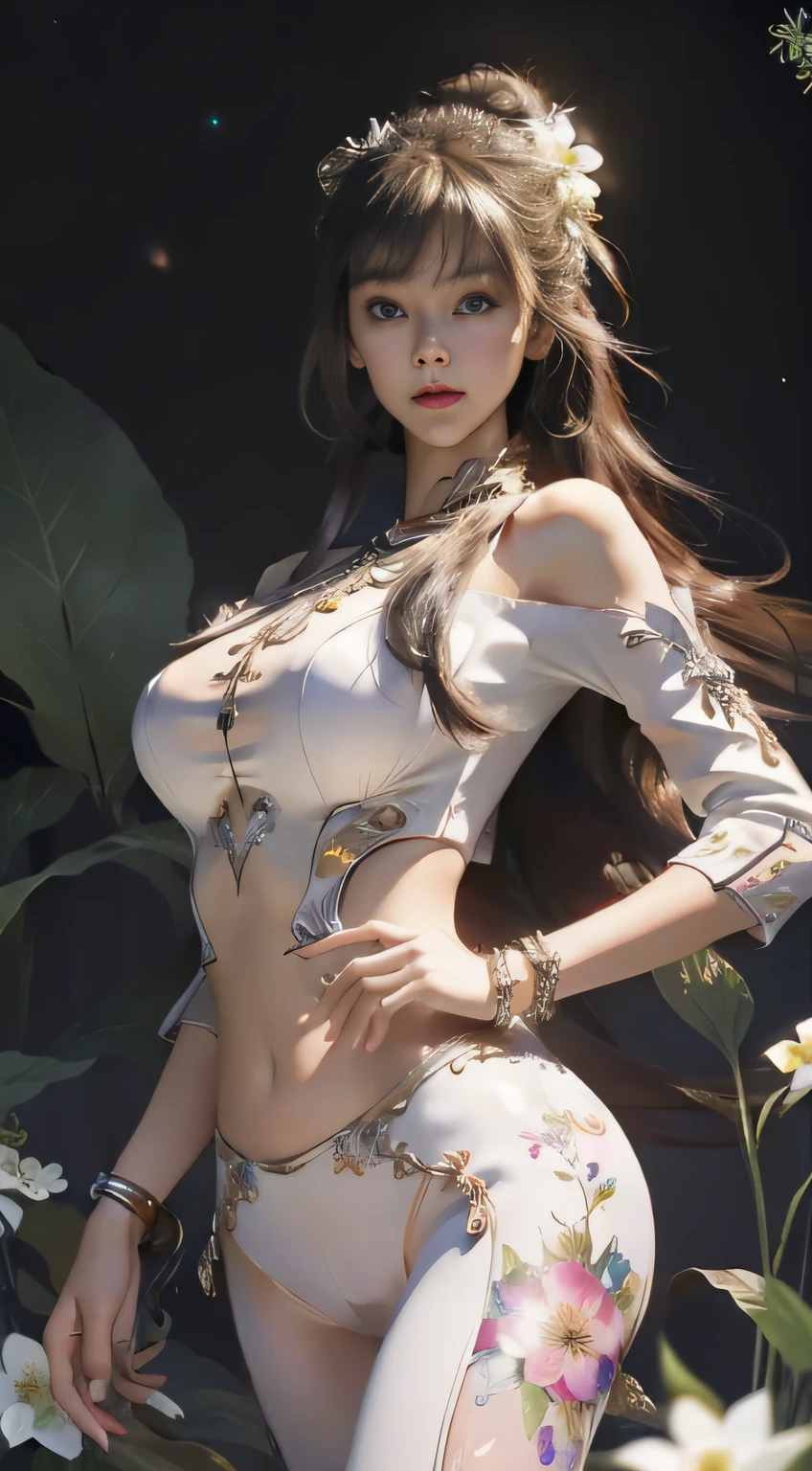 (hyperrealistic), (illustration), (high resolution), (8K), (extremely detailed), (best illustration), (beautiful detailed eyes), (best quality), (super detailed), (masterpiece), (wallpaper), (detailed face), solo, (dynamic pose), 1girl, white off-the-shoulder shirt with sexy super short yoga pants, bare shoulders, blooming flower field, glowing skin, light smile, camel toe, (no panties), (no bra)