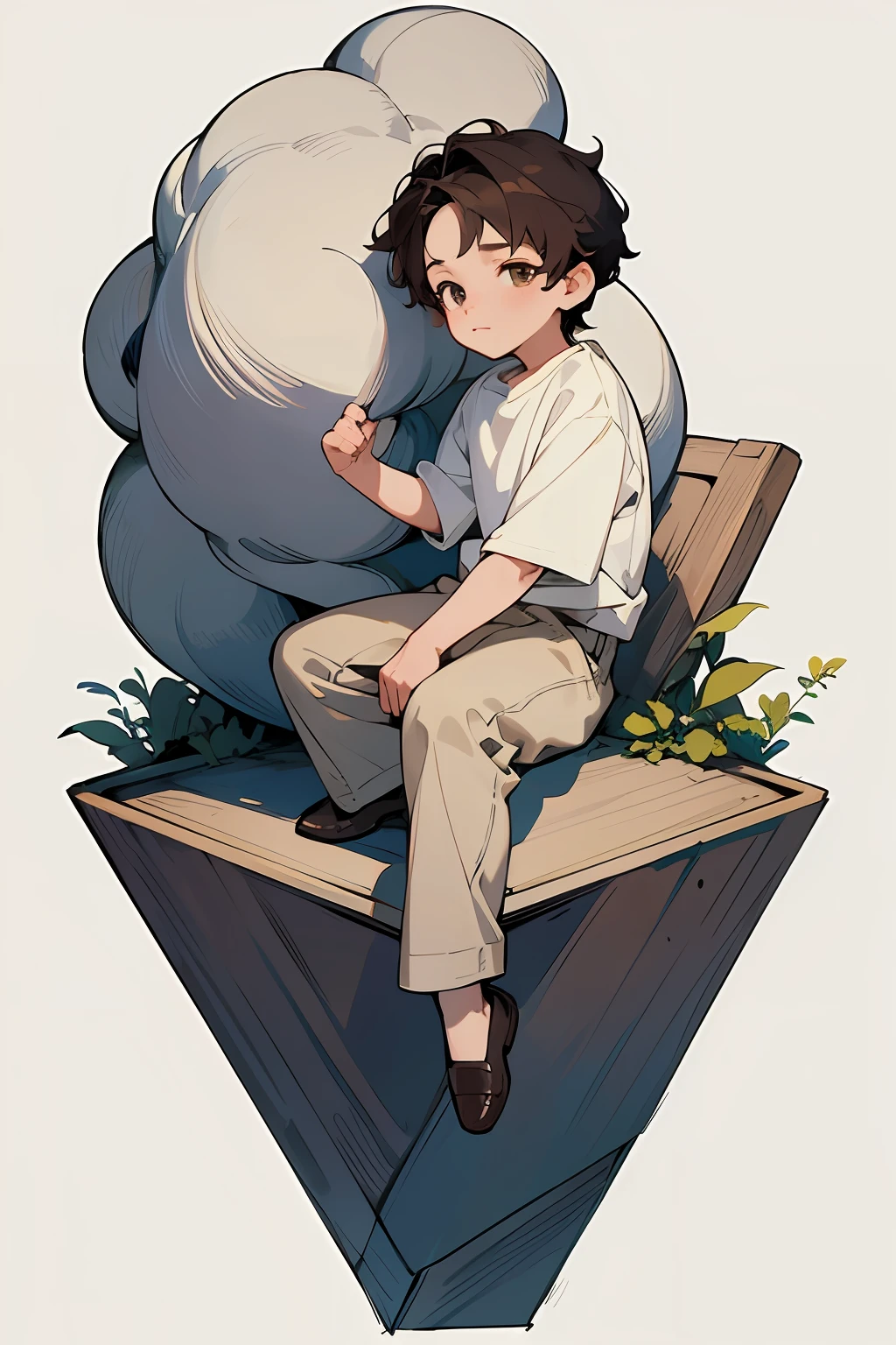 (masterpiece, top quality, best quality, official art, beautiful and aesthetic:1.2), (1boy), Young boy, young child, boy, solo, one boy, chocolate soft brown hair, silver eyes, cute child, simple modern clothes, soft, innocent, portrait, adorable, full body, fluffy hair