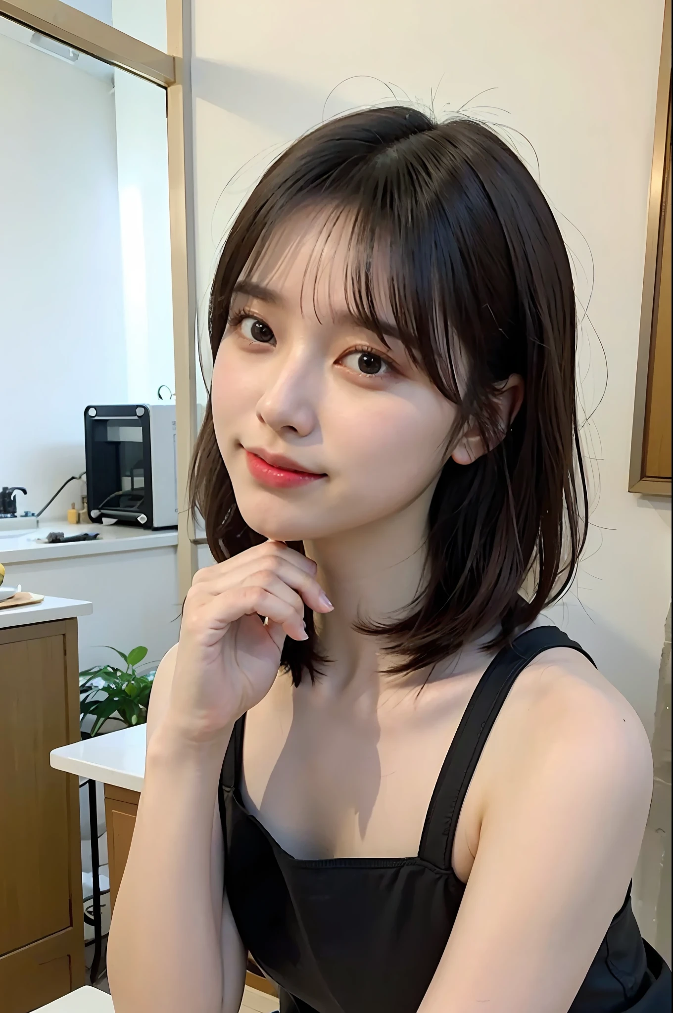 a woman is cooking、(kitchin_Apron:1.Wear 3)、Good Hand、4K、hight resolution、​masterpiece、top-quality、Cap:1.3、((Hasselblad photo))、Fine skin、foco nítido、(lighting like a movie)、Soft lighting、dynamic ungle、[:(详细的脸:1.2):0.2]、Medium chest、sweats streamed skin:1.2、(((In the kitchen))) A smile　Beautiful profile　Colossal tits　Beautiful body　Tying hair　Wide background々and a luxurious living room　Luxurious and luxurious living　Luxurious living room　Beautiful living room　Beautiful living room　A smile　Have a banana