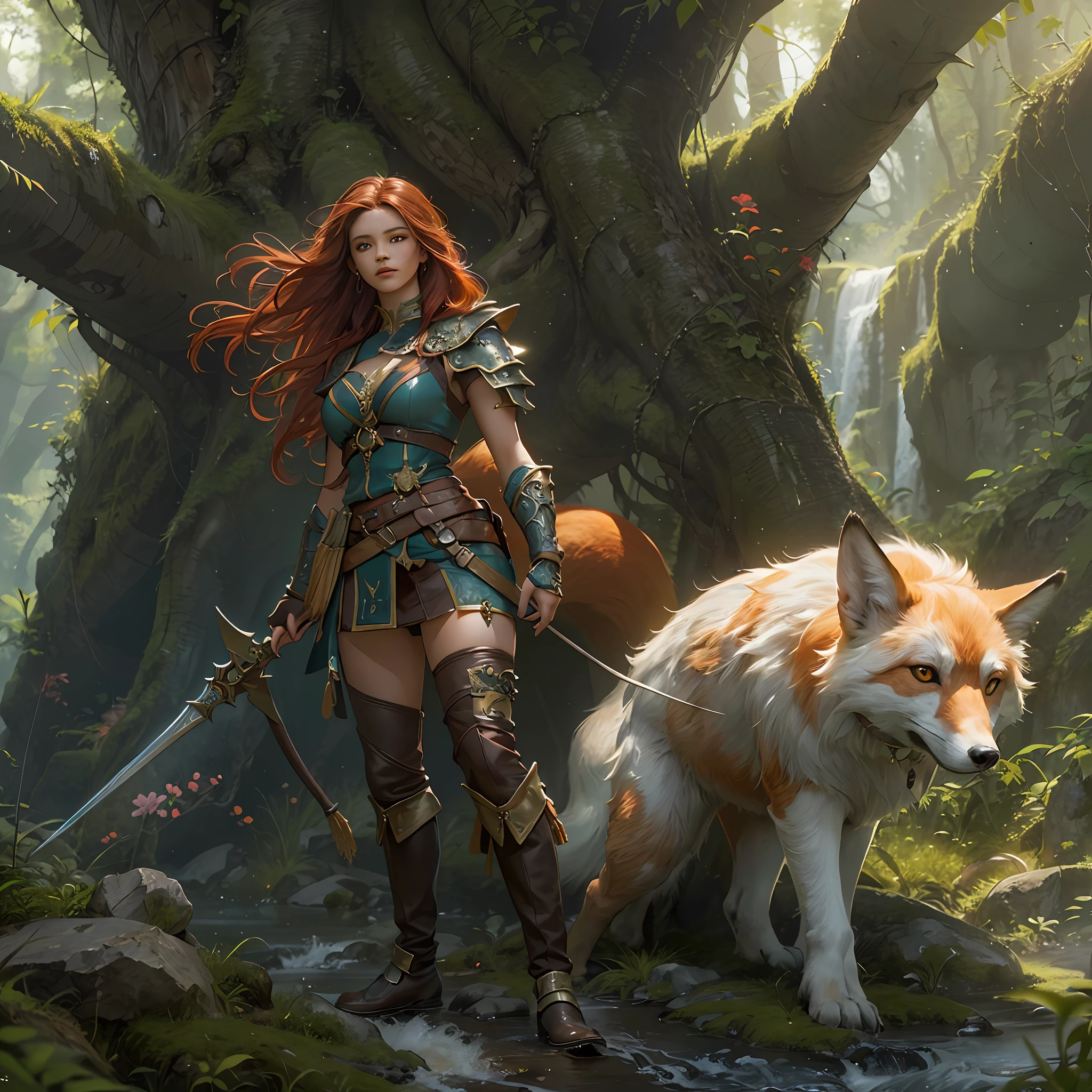 high details, best quality, 8k, [ultra detailed], masterpiece, best quality, (extremely detailed), dynamic angle, ultra wide shot, RAW, photorealistic, fantasy art, dnd art, rpg art, realistic art, a wide angle picture of a female human ranger and her pet fox, warrior of nature, fighter of nature, full body, [[anatomically correct]]. dynamic position (1.5 intricate details, Masterpiece, best quality) talking to a fox (1.6 intricate details, Masterpiece, best quality) in forest (1.5 intricate details, Masterpiece, best quality), a female  wearing leather armor (1.4 intricate details, Masterpiece, best quality), leather boots, thick hair, long hair, red hair, fair skin intense eyes, forest  background (intense details), a stream flowing in the backgraound (1.4 intricate details, Masterpiece, best quality), dawn light, clouds (1.4 intricate details, Masterpiece, best quality), dynamic angle, (1.4 intricate details, Masterpiece, best quality) 3D rendering, high details, best quality, highres, ultra wide angle