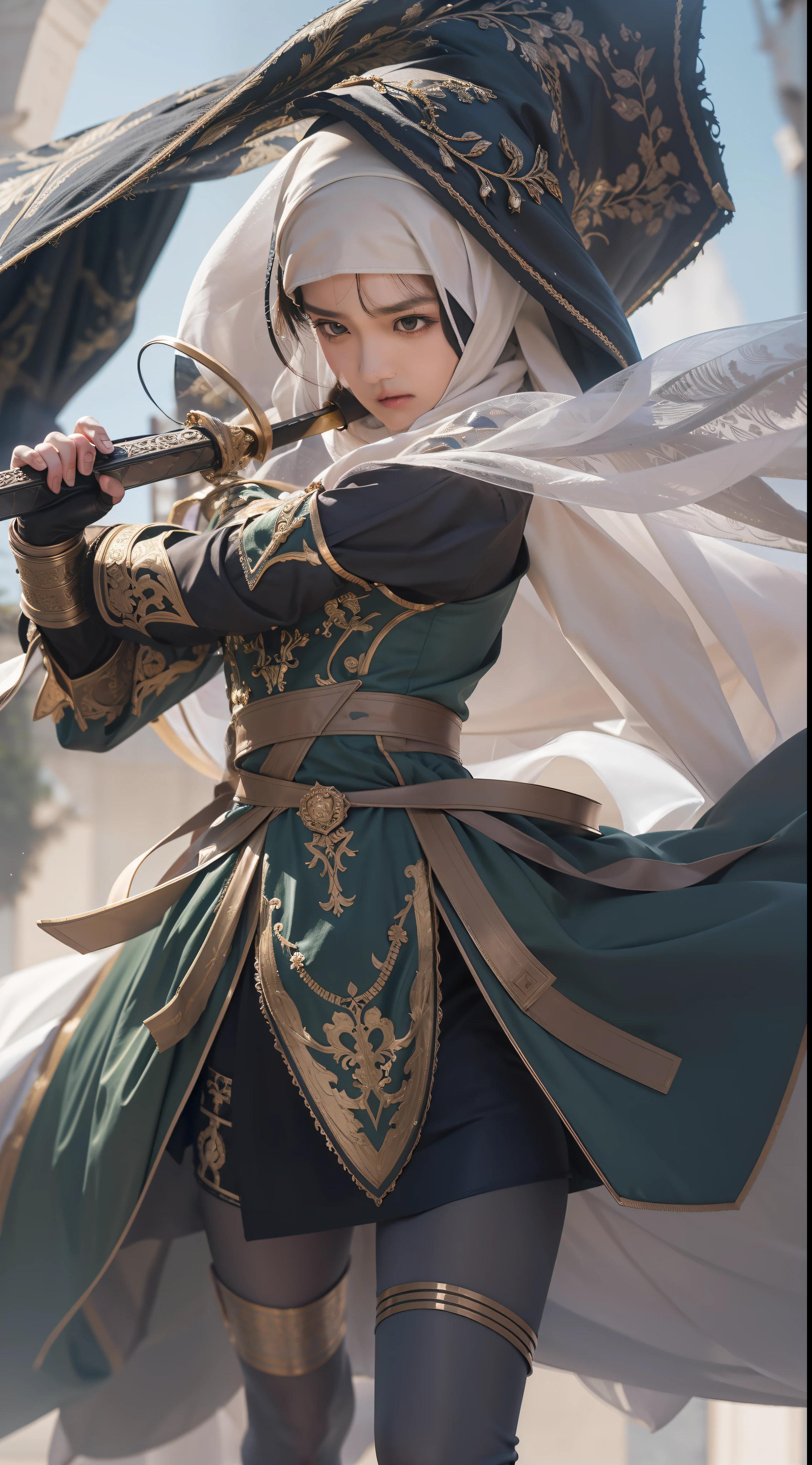 masterpiece, best quality, cinematic light, ultra high res, 8k uhd, intricate details, nature light, film grain, dreamlike, perfect anatomy, best shadow, delicate, RAW>, pleasured expression, spotless face, perfect face, perfect body, expressive eyes, 2girls, wearing cape hijab, attacking each other, sword fighting on the battlefield in front yard of a sultan palace, whole body covered by long dress, wearing full body battle armor, chest cover accessories, non-transparent clothing, angry face, kpop idol face, perfect face, perfect body, big chest,