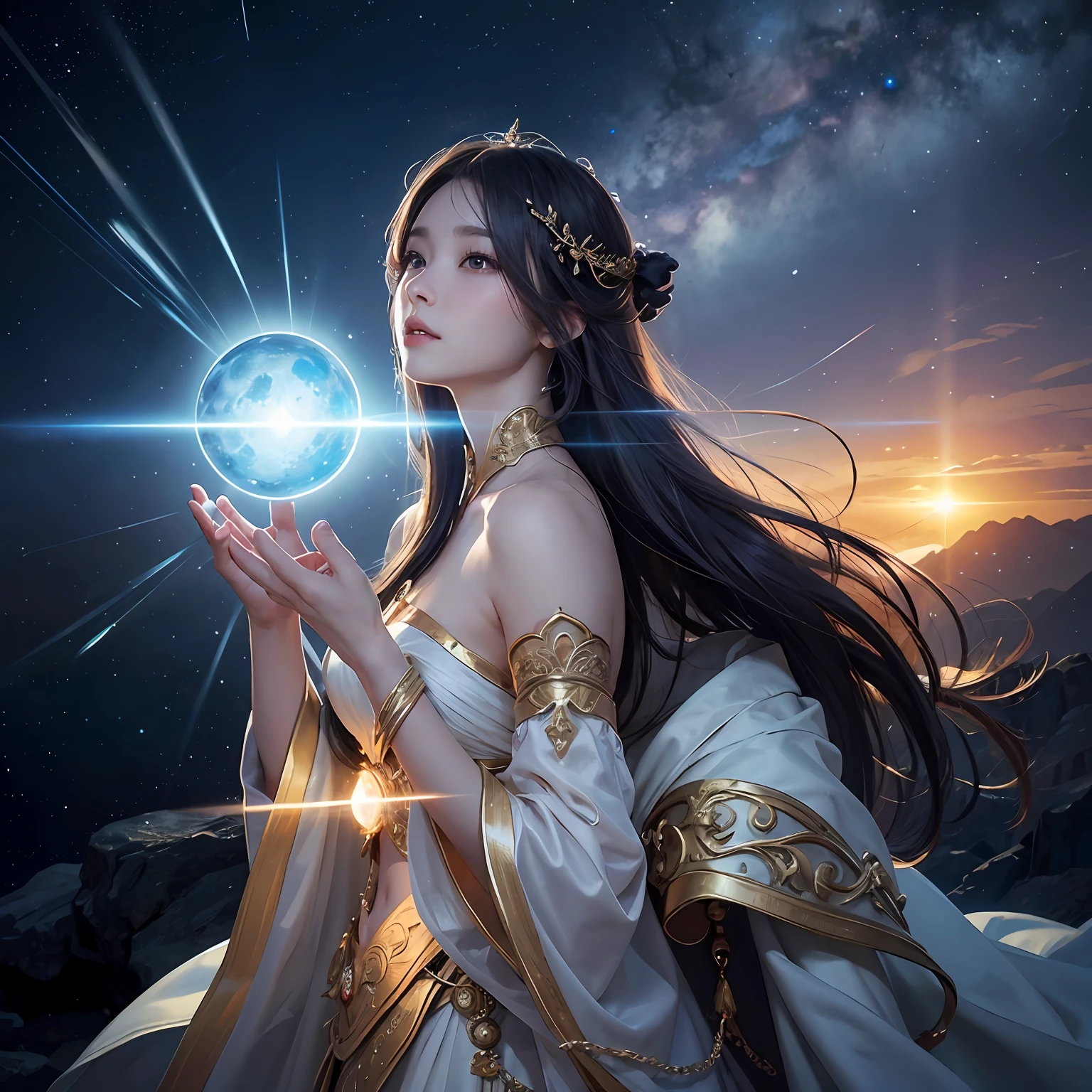 超高分辨率， best qualtiy， photore， 16k， tmasterpiece:1.3，（realisticlying： 1.2）， cinmatic lighting， Woman in the shape of a mythical god。It depicts the god holding the sun and moon，（（Dynamic background），radiating with light，Aura shrouded），（dynamicposes），Cast magic，Sit on the crystal），Float on the crystal in a bright white cape，Ultimate face，（afloat：1.3），cosmic starry sky，stunning detailed， 64k resolution，for an immersive and realistic visual experience。Let your work capture the essence of myth and wonder，leaving viewers in awe of its beauty and power。