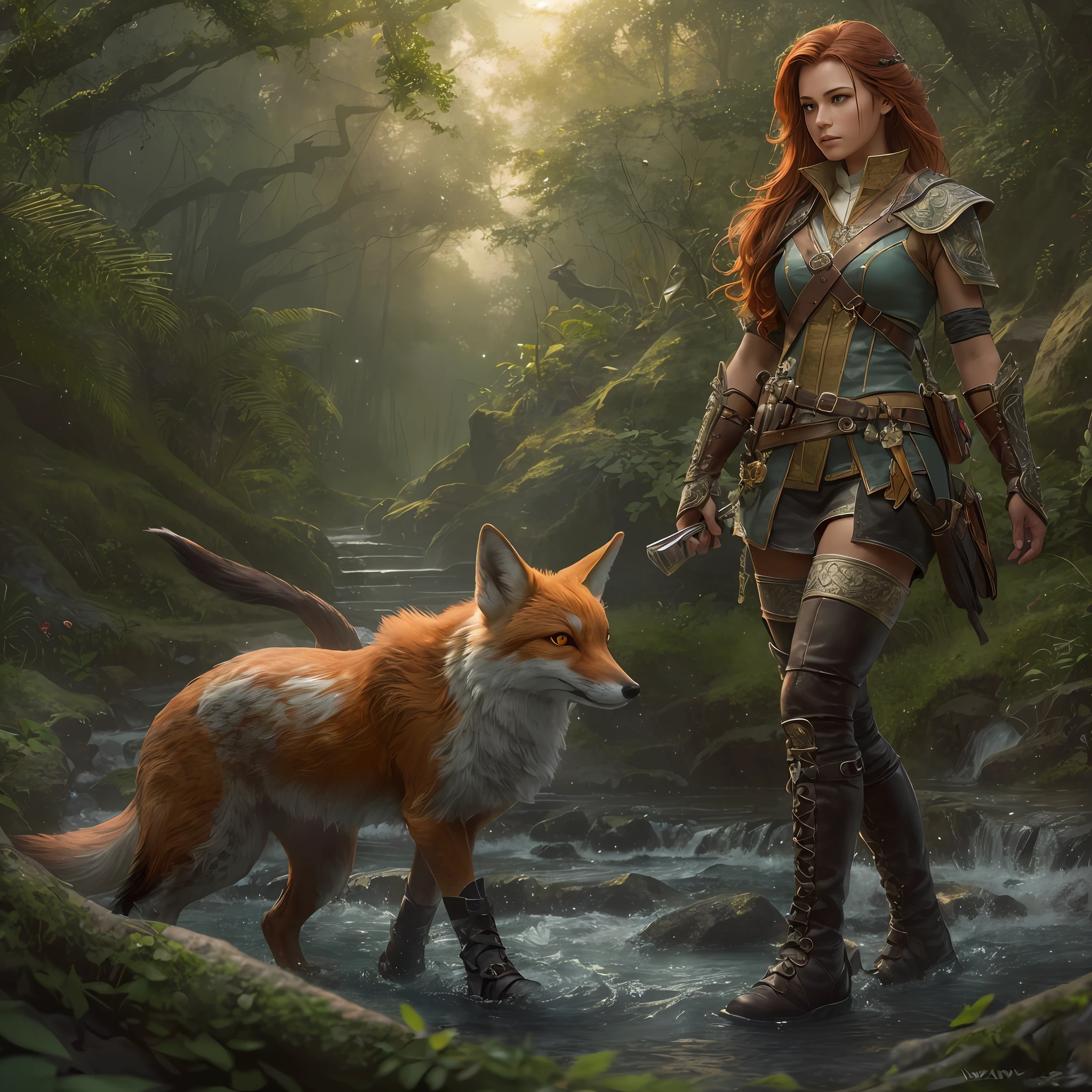 high details, best quality, 8k, [ultra detailed], masterpiece, best quality, (extremely detailed), dynamic angle, ultra wide shot, RAW, photorealistic, fantasy art, dnd art, rpg art, realistic art, a wide angle picture of a female human ranger and her pet fox, warrior of nature, fighter of nature, full body, [[anatomically correct]]. dynamic position (1.5 intricate details, Masterpiece, best quality) talking to a fox (1.6 intricate details, Masterpiece, best quality) in forest (1.5 intricate details, Masterpiece, best quality), a female  wearing leather clothes (1.4 intricate details, Masterpiece, best quality), leather boots, thick hair, long hair, red hair, fair skin intense eyes, forest  background (intense details), a stream flowing in the backgraound (1.4 intricate details, Masterpiece, best quality), dawn light, clouds (1.4 intricate details, Masterpiece, best quality), dynamic angle, (1.4 intricate details, Masterpiece, best quality) 3D rendering, high details, best quality, highres, ultra wide angle