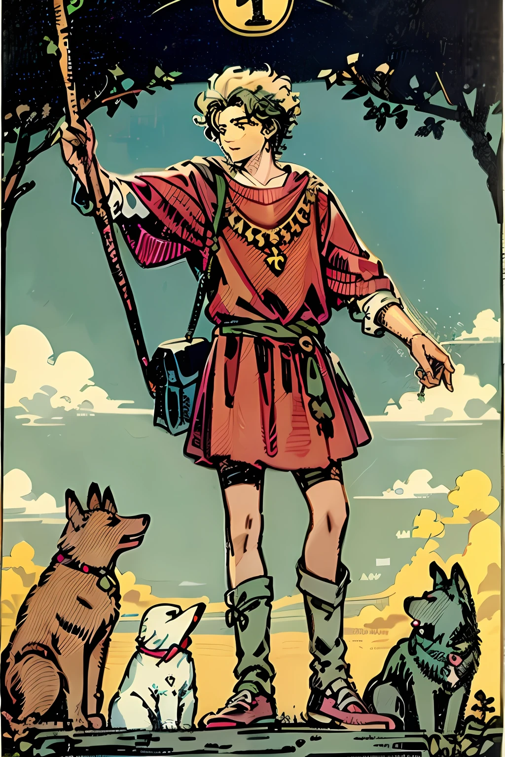 tarot card, the fool, man, bindle, stick and bag, cliff, dog