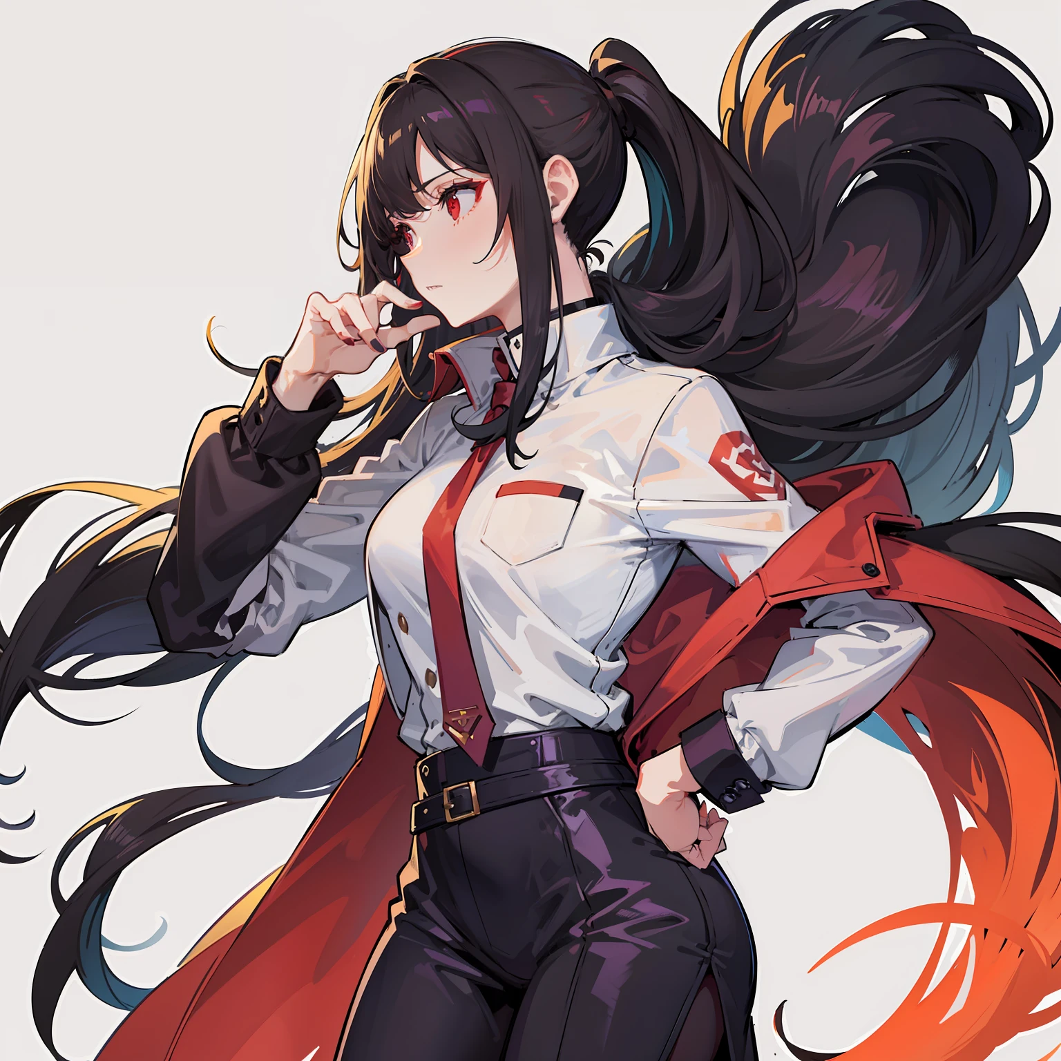 Color thin coating，Fine portrayal，Dingdall effect，Sideslit，full bodyesbian，1girll，Expressionless woman，Cool and dashing big single ponytail hairstyle，The hair color is dark red，The skin is cherry colored，Wearing a white coat and black shirt，The background is a serpentine flame