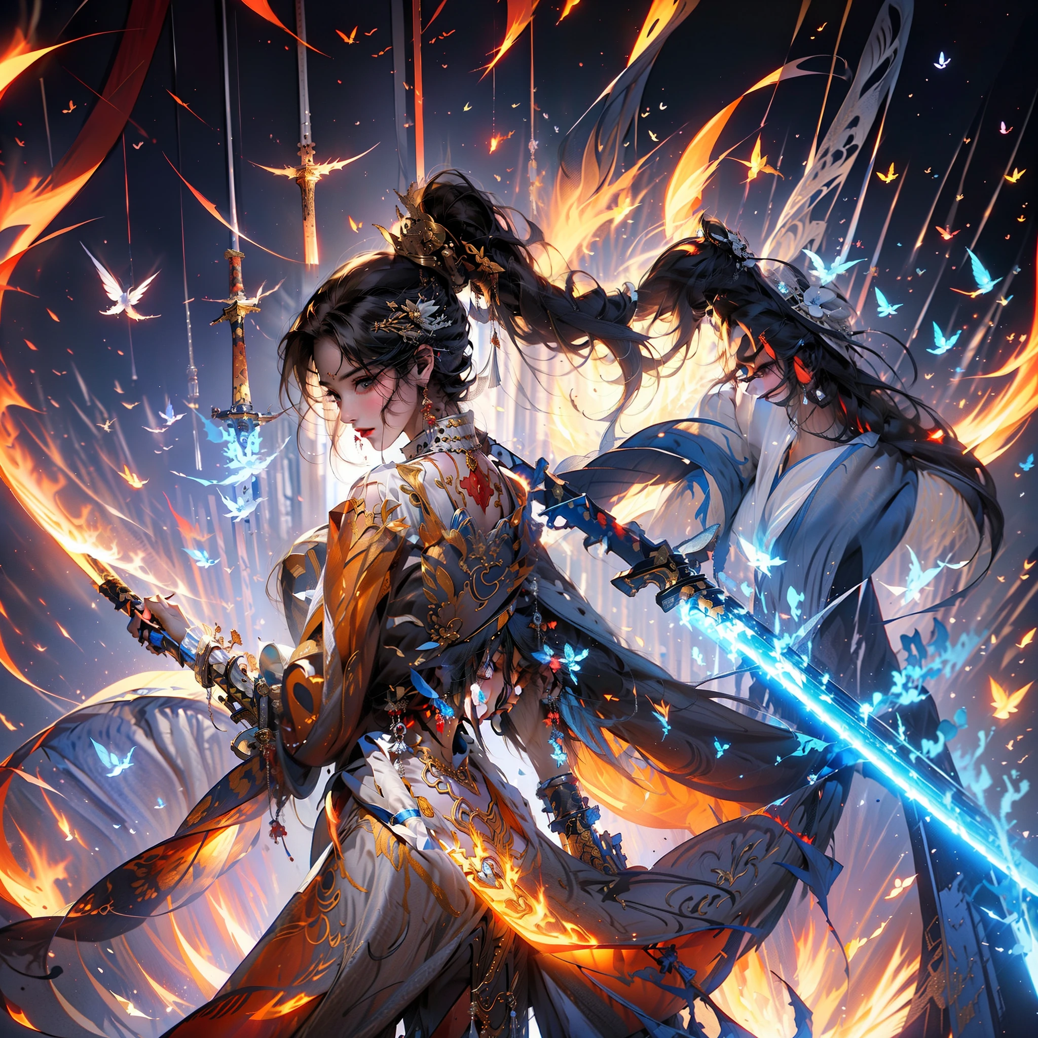 An anime girl，Holding a burning sword in his hand，s the perfect face，Close-up of the hand，art-style，tmasterpiece，top Quority，Beauty and aesthetics，offcial art，The is very detailed，（火焰：1.2），Costume robes，（a color：1.1）long whitr hair，period costume，1girl，Fire and flame as background，Epic fantasy digital art style，Holding a burning sword，Sword in hand