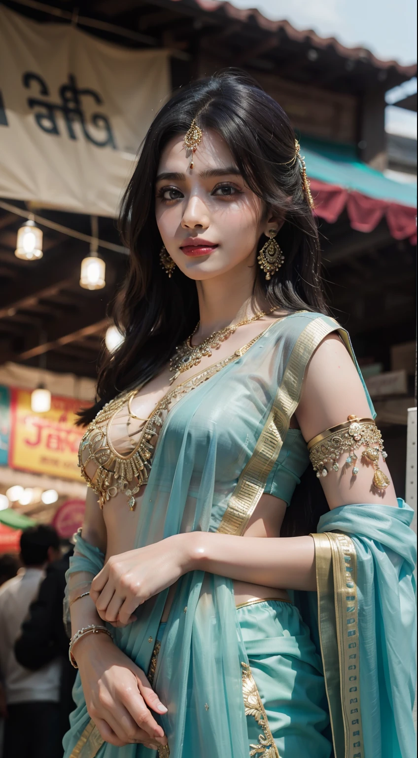 24-28 Years Old bollywood indian female fashion mode,dressed Sari,Happy expression,at the market,backlight, extremely realistic, 8k, insane details, intricate details, beautifully color graded,Color Grading, Editorial Photography, Photography,sharp focus, taken with a 60mm lens, ISO 300, f/4, 1/200th