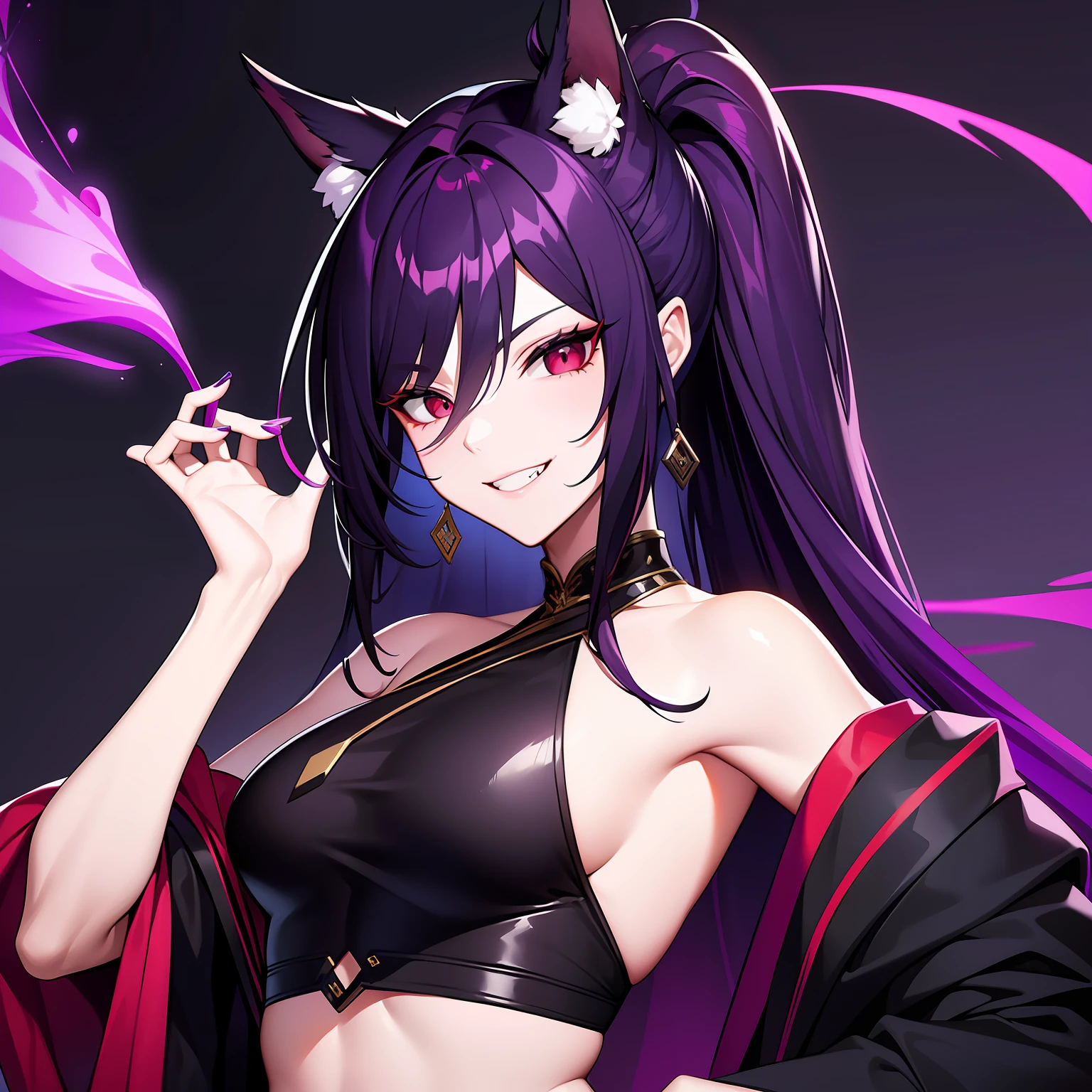 Young guy, pretty facial features, long dark purple hair, half gathered in messy ponytail, half loose, dangerous bright red eyes, black fit clothes with many jewels, fox ears and tail, mad smile
