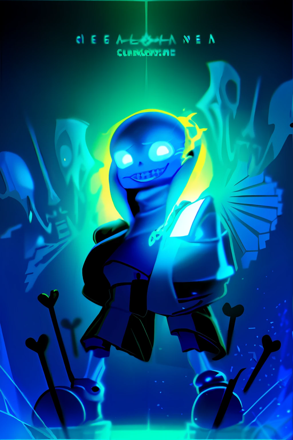 A cartoon character with a skeleton，Wearing blue clothes，The head glows, Vibrant fan art, sans undertale, Undertale Frisk, Glowing bones, official fan art, heartstone original art style, [[[[grinning evily]]]], Shine brightly，Epic, High-quality fanart, :: rossdraws, Game art!!, the wallpaper!, unknown artstyle, offcial art