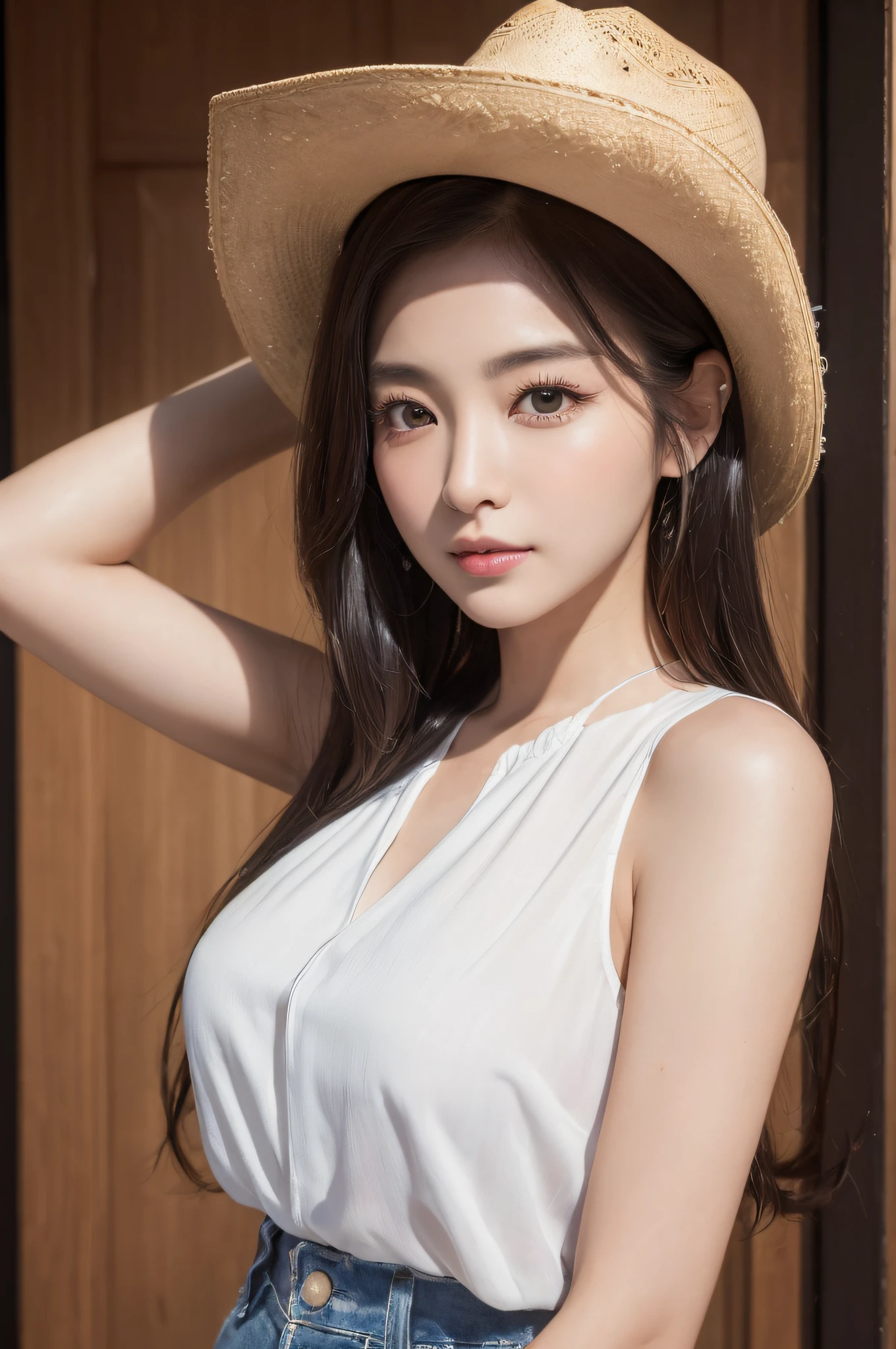 ((best qualtiy、8k masterpieces:1.3))、foco nítido:1.2、(ultra beautiful faces:1.0)、(shinny skin:1.0)、photos realistic、A dark-haired、Video Lighting、High-definition eyes and face、Video Lighting、(cowboy  shot:1.3)、(Korean Cute Actress)、from the front side、medium large breasts、ssmile、Sleeveless、Wearing a white blouse