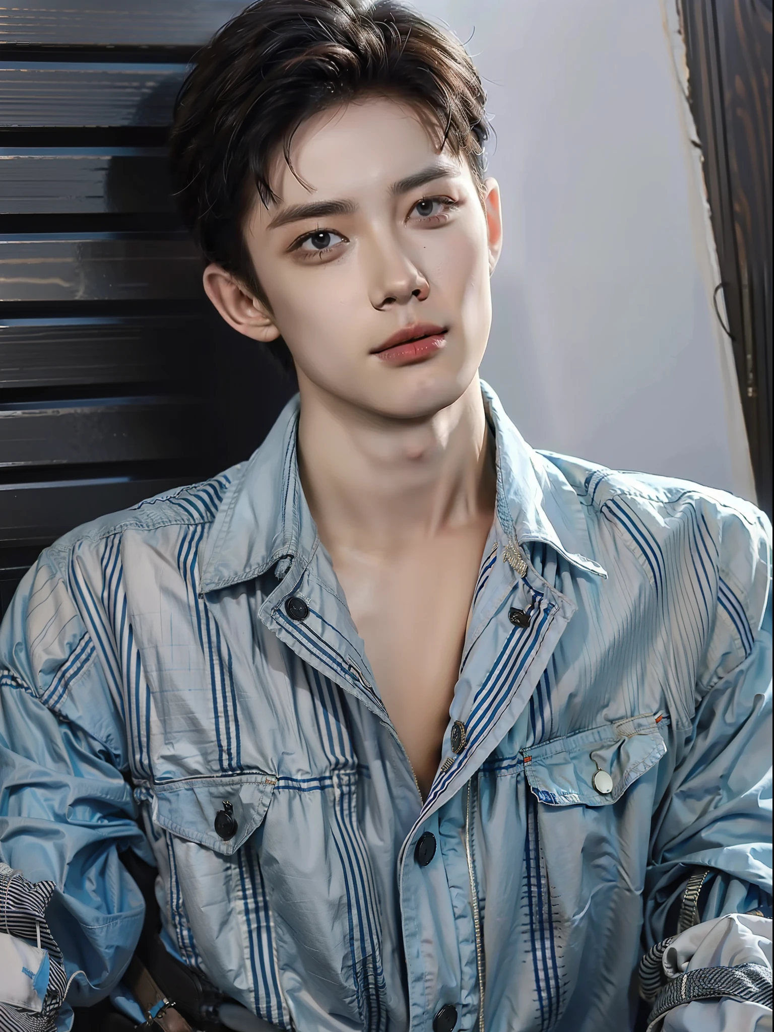 high qulity,high detal,tmasterpiece,1 man,Photo shooting,Handsome,Realiy,striped shirt,the street,bright