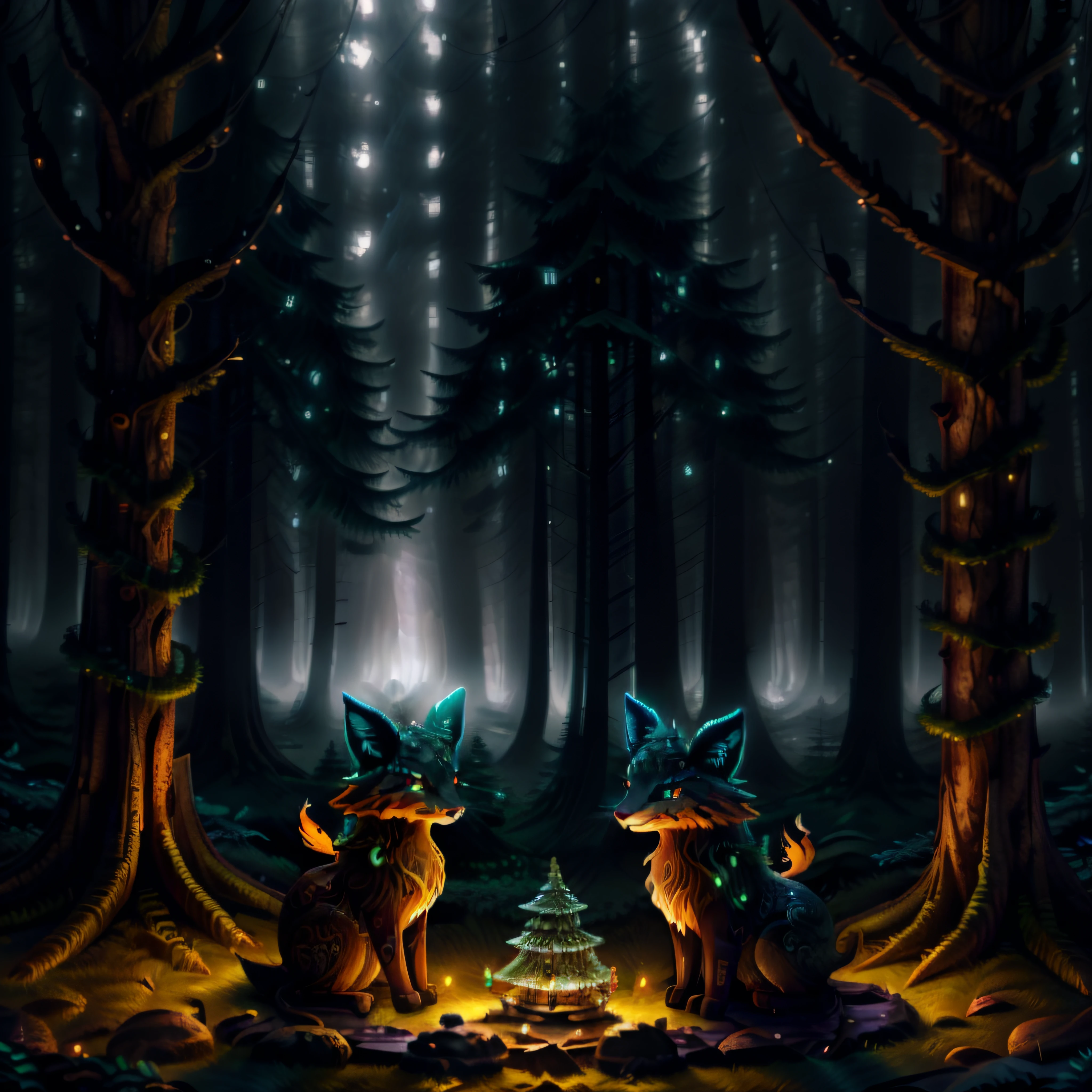 In the depths of a mystical forest, bathed in the soft glow of twilight, a fox spirit emerges from the shadows. Its vibrant orange fur shimmers with an otherworldly radiance, as if touched by moonlight. The spirit's eyes, a mesmerizing shade of amber, glint with ancient wisdom and mischievousness. Surrounded by towering trees with gnarled branches, the atmosphere is mystical and enchanting. Captured in the style of Studio Ghibli, using a render engine that emphasizes the play of light and shadow, this scene is filled with a sense of magic and wonder, drop shadow, tachi-e, pov, atmospheric perspective, Hyperrealism, En plein air, sparkle, glowing light, god rays, panorama, lens flare, 35mm, Canon, super detail, ccurate, best quality, 16k, award winning, masterpiece