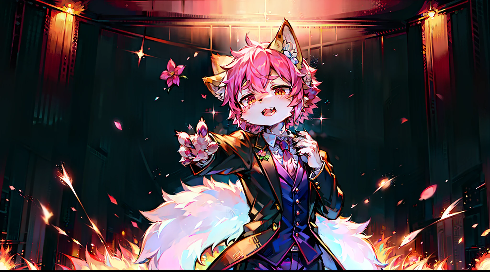 (1boys:1.3),neko boy,(shaggy:1.5),Holding a flower in one hand,The other hand bleeds,Squint,Pink hair,bodyfur,hyper cute face,Beautiful light and shadow,ambient lights,Ultra-detailed fur,full bodyesbian, lighting perfect, light particules, (tmasterpiece), (ultra - detailed), Sharp focus, light particules, niji, Blushlush, The color hair, short detailed hair, Sharp finger claws, 独奏, ssmile, 独奏, hairy pubic, Animal ear villi, Open your clothes, coda, with her mouth open, depth of fields, (best qualtiy) JW3,(Chinese art),Business suit,The background is the burning estate,