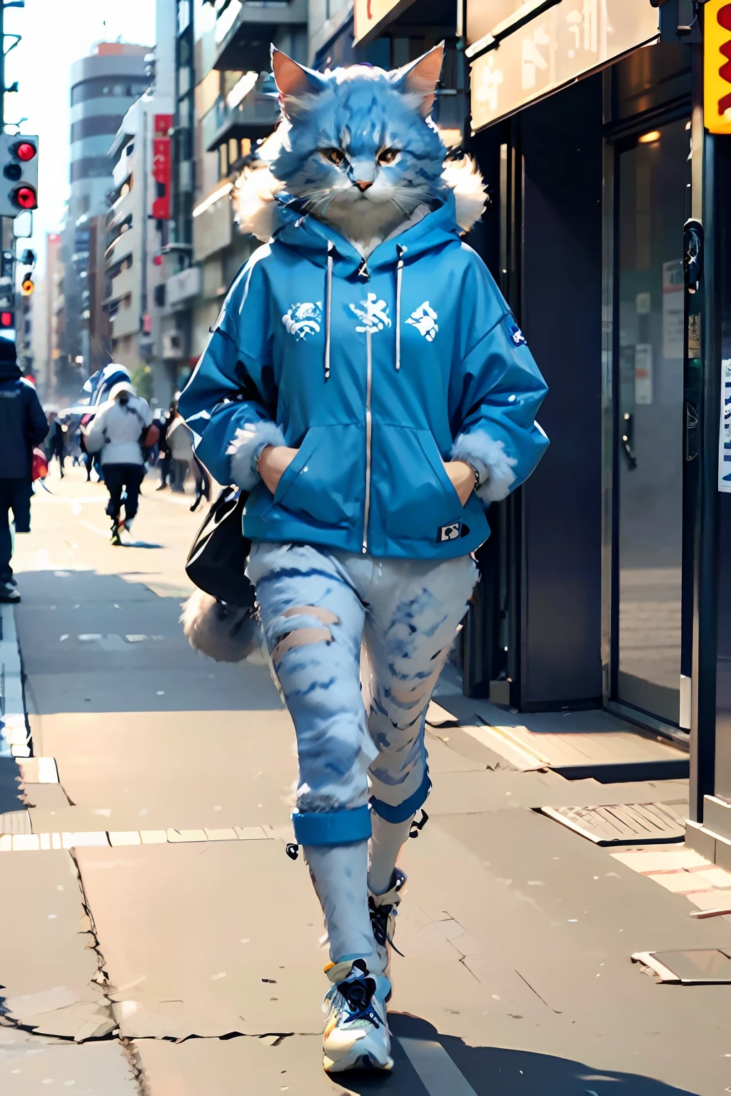 C4ttitude, Blue and white hair, Strategic, Attentive eyes,fur, challenger, agile, engaging, Stylish sportswear,nylon, Fast paws,walking down the catwalk, walking pose, Tokyo street background 2021