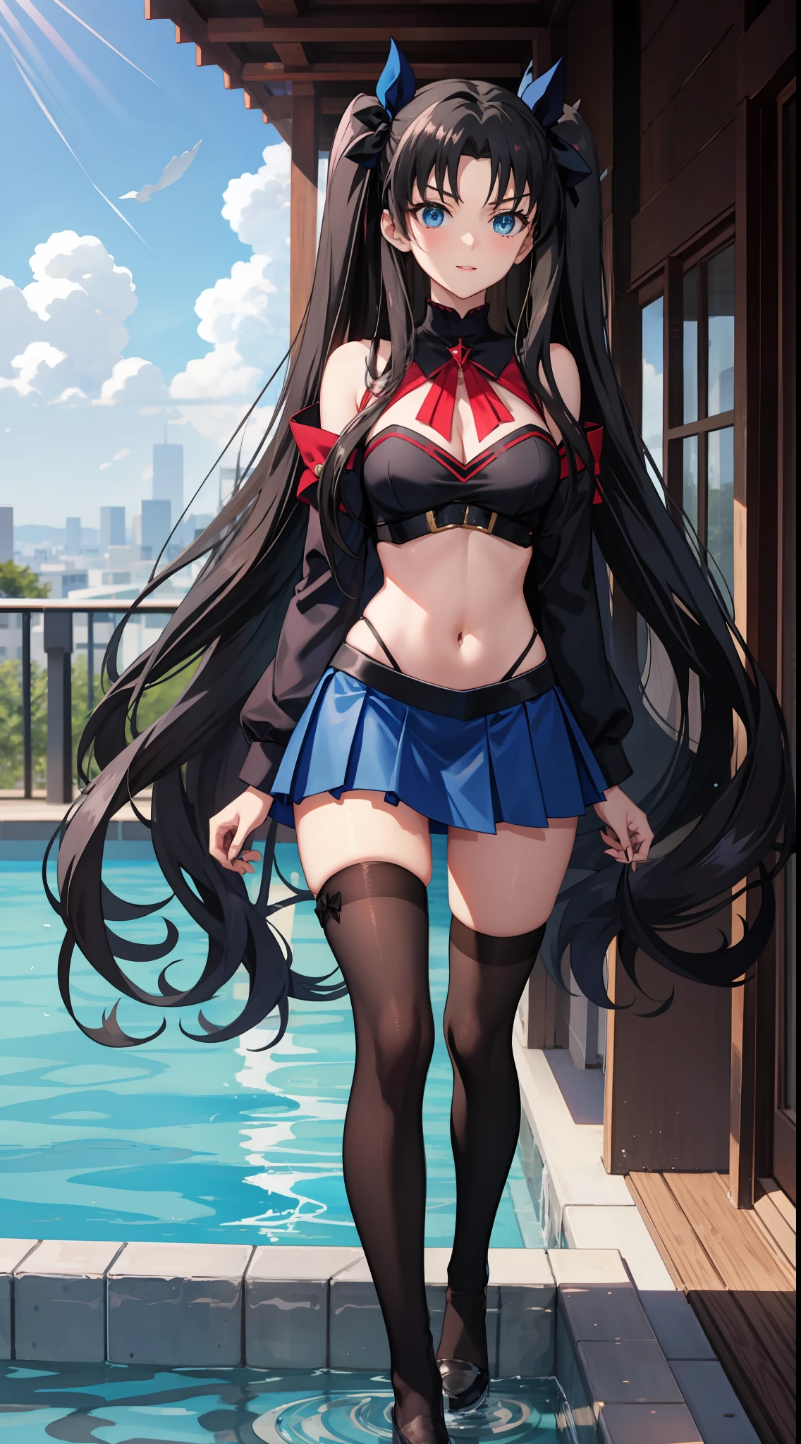 long hair, black hair, medium breast, slim legs, happy, blue gown, cleavage,  short skirt, rin tohsaka, twin tail, navel, blue eyes, thigh high socks, sunlight, pool