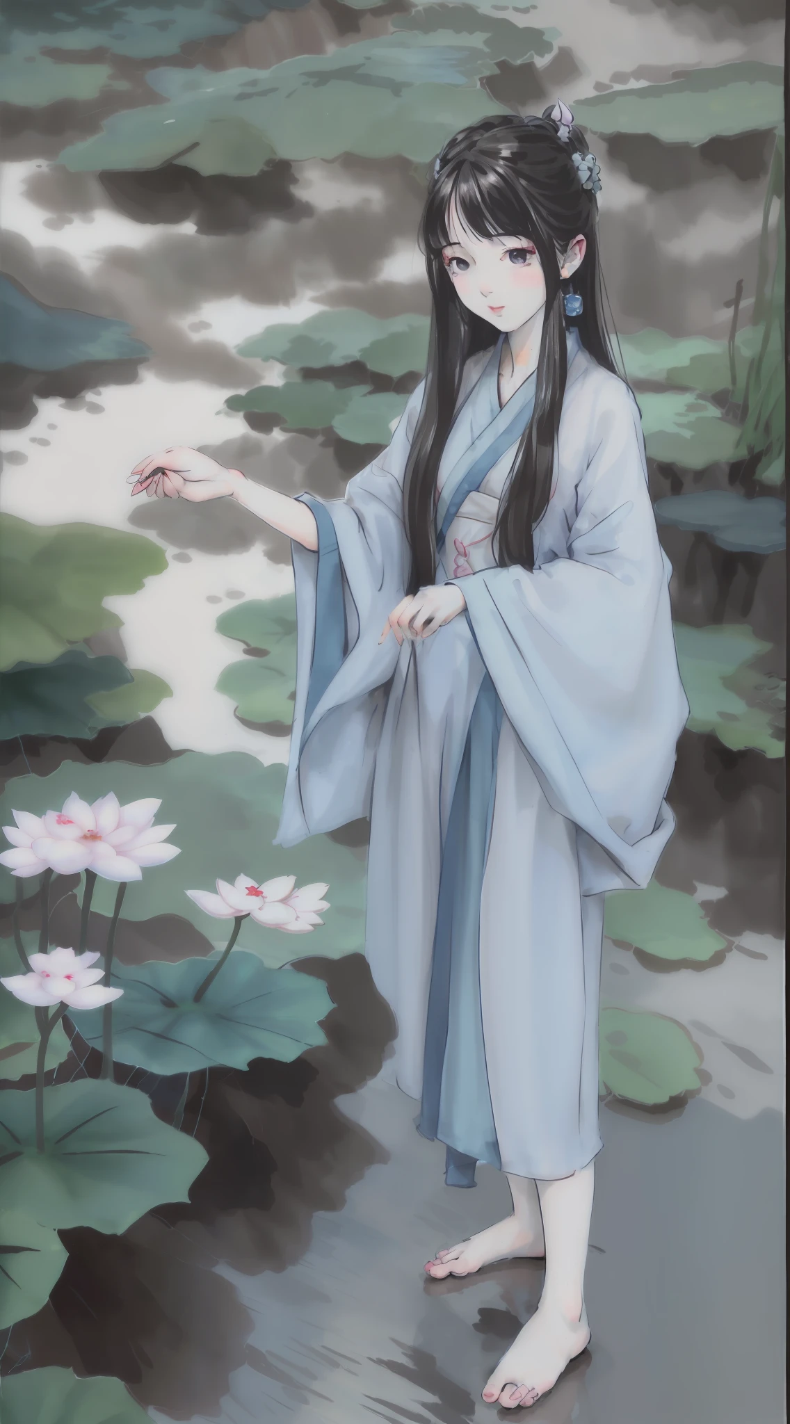((4k,masterpiece,best quality)), shuimobysim, traditional chinese ink painting, lotus, hanfu, maxiskit, dress conservatively 1girl, solo, long blue hair, smile, standing, feet in the water, barefoot,