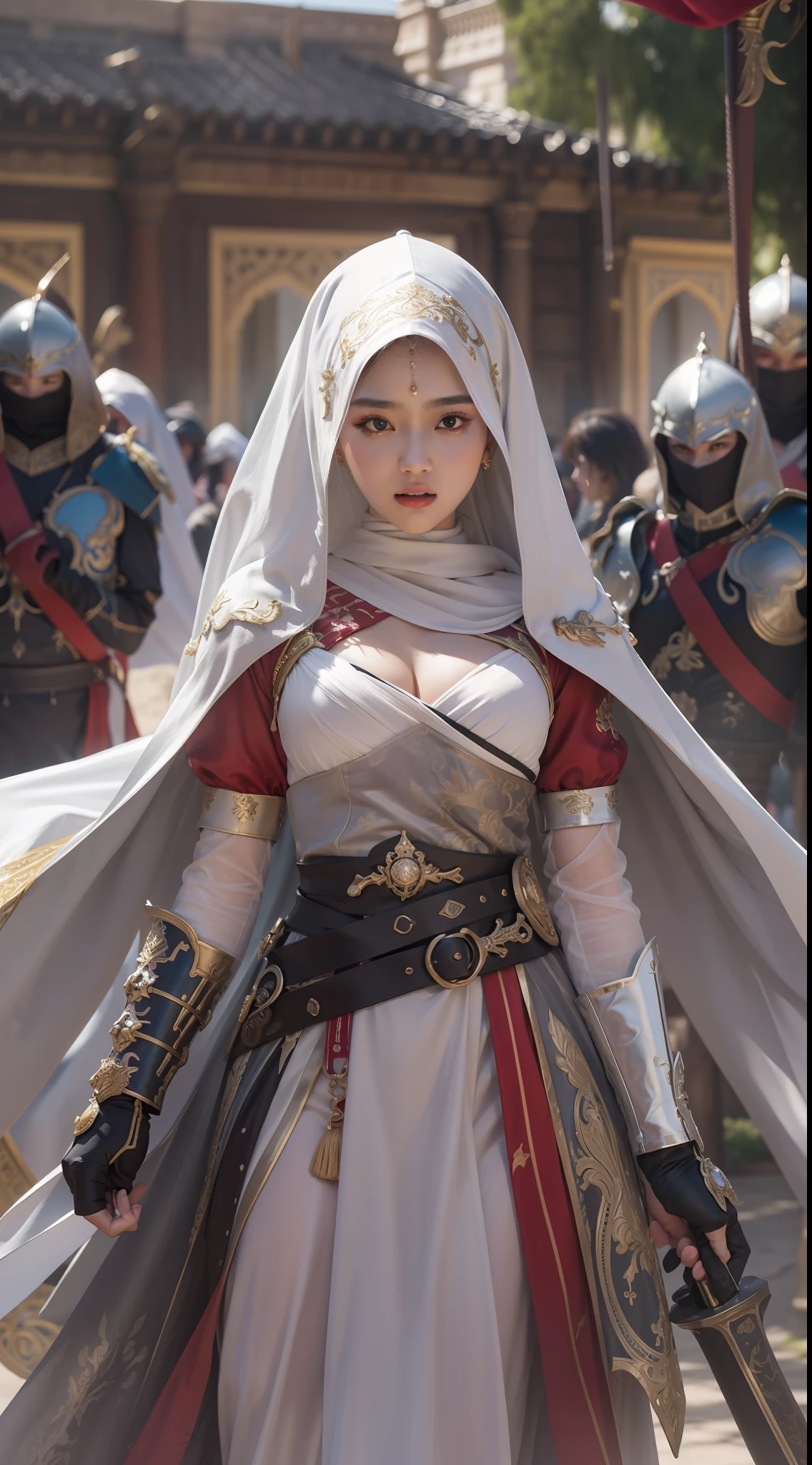 masterpiece, best quality, cinematic light, ultra high res, 8k uhd, intricate details, nature light, film grain, dreamlike, perfect anatomy, best shadow, delicate, RAW>, pleasured expression, spotless face, perfect face, perfect body, expressive eyes, 2girls, wearing cape hijab, attacking each other, sword fighting on the battlefield in front yard of a sultan palace, whole body covered by long dress, wearing full body battle armor, chest cover accessories, non-transparent clothing, angry face, kpop idol face, perfect face, perfect body, big chest,