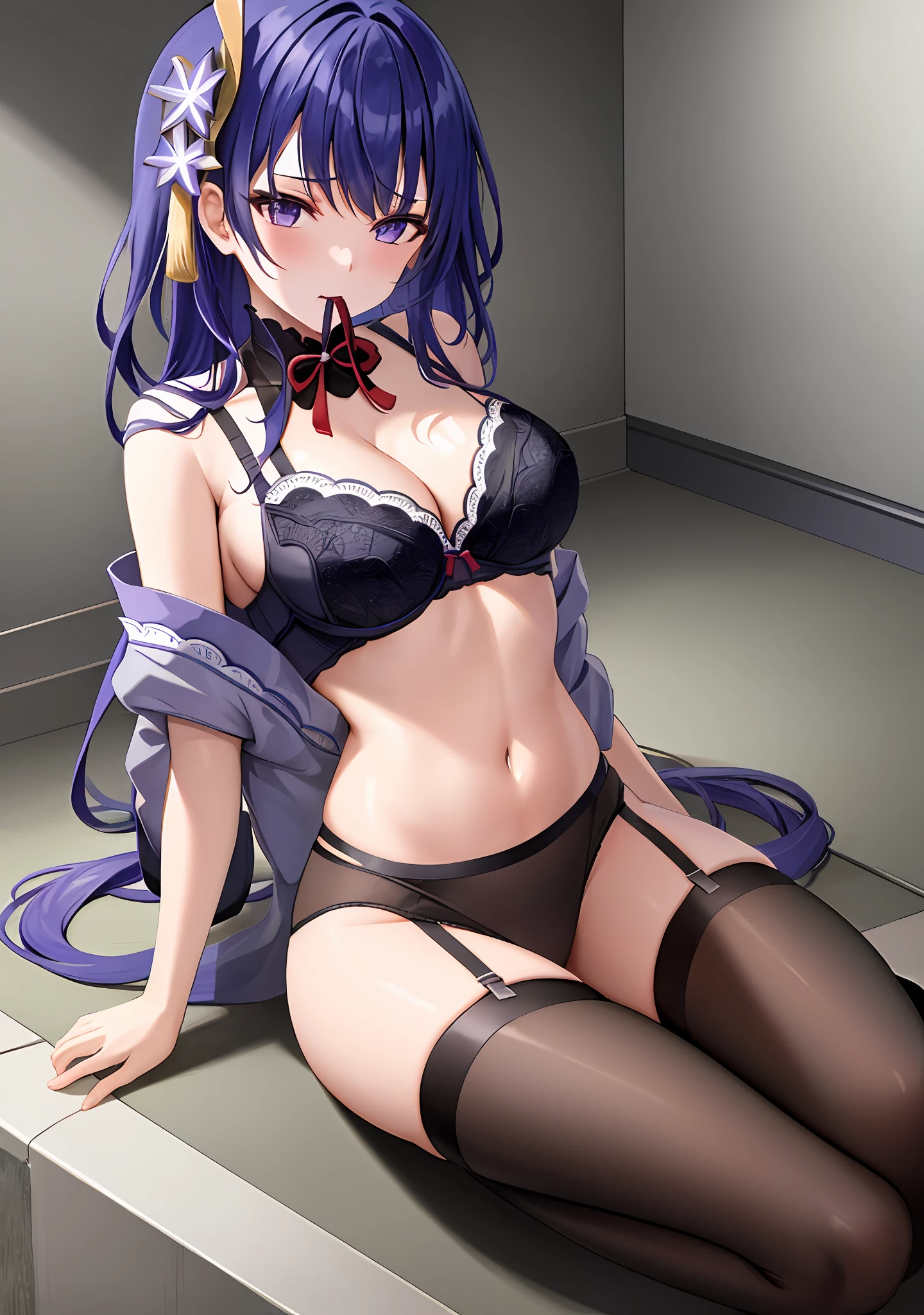 1Raiden shogun, large breasts,clothes in mouth, cleavage, navel, t-shirt, ((bra)),clothes lift, shirt in mouth, skirt, lying, full Body,sexy body,sitting