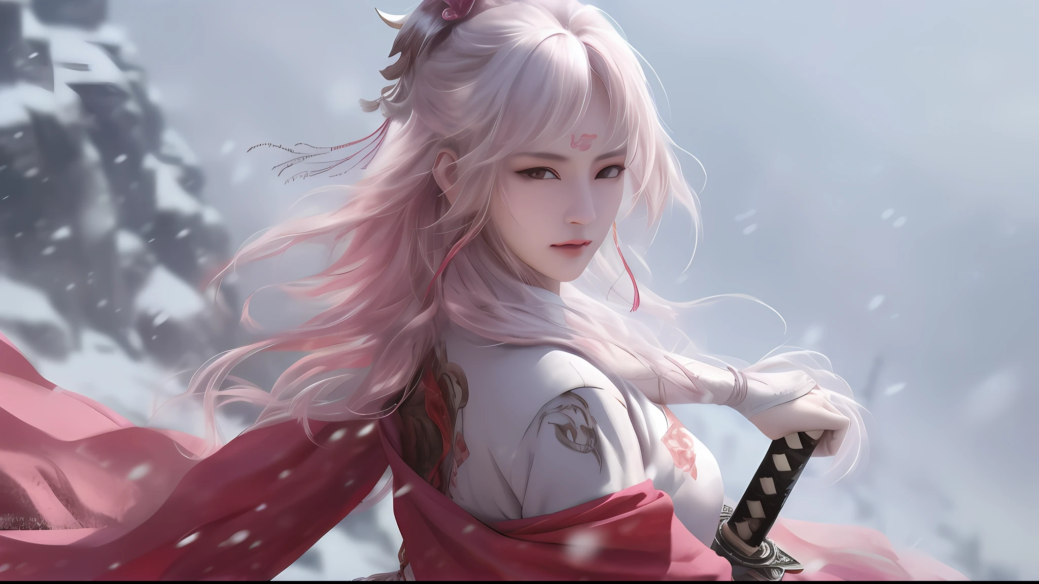 Anime girl with pink hair and sword in a blizzard, white-haired god, Guviz-style artwork, Palace , A girl in Hanfu, Guviz, 2. 5 D CGI anime fantasy artwork, Beautiful character painting, style of anime4 K, a beautiful fantasy empress, Anime fantasy artwork, Anime fantasy illustration, author:Fan Qi, beautiful fantasy anime