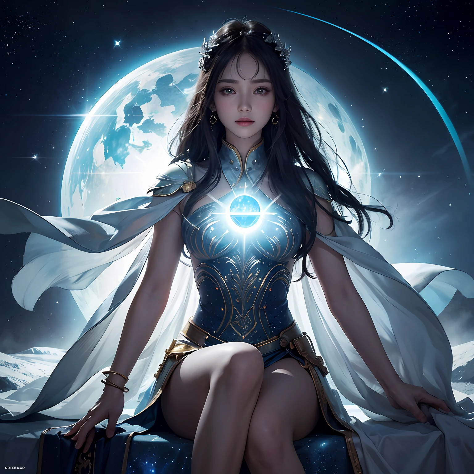 超高分辨率， best qualtiy， photore， 16k， tmasterpiece:1.3，（realisticlying： 1.2）， cinmatic lighting， Woman in the shape of a mythical god。It depicts the god holding the sun and moon，（（Dynamic background），radiating with light，Aura shrouded），（dynamicposes），Cast magic，Sit on the crystal），Float on the crystal in a bright white cape，Ultimate face，（afloat：1.3），cosmic starry sky，stunning detailed， 64k resolution，for an immersive and realistic visual experience。Let your work capture the essence of myth and wonder，leaving viewers in awe of its beauty and power。