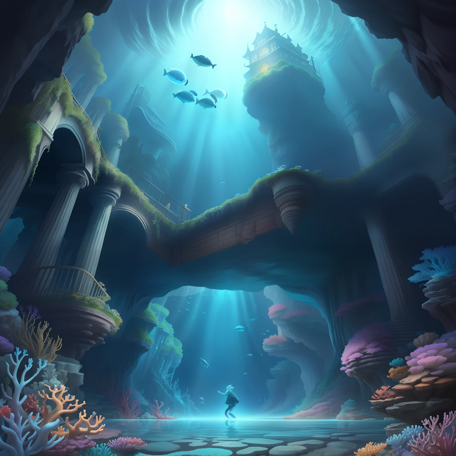 Descriptive keywords：the ocean、Cartoon adventurer、Underwater world、Marine life、Undersea Palace、Mysterious plants、Waterfall in the sea、Treasure ship、Brilliant coral、Dream whales、Undersea Temple、Precious gemstones、Ocean lights、underwater caves、Ocean music。