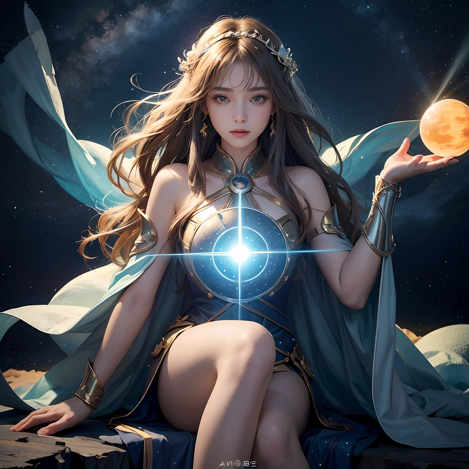超高分辨率， best qualtiy， photore， 16k， tmasterpiece:1.3，（realisticlying： 1.2）， cinmatic lighting， Woman in the shape of a mythical god。It depicts the god holding the sun and moon，（（Dynamic background），radiating with light，Aura shrouded），（dynamicposes），Cast magic，Sit on the crystal），Float on the crystal in a bright white cape，Ultimate face，（afloat：1.3），cosmic starry sky，stunning detailed， 64k resolution，for an immersive and realistic visual experience。Let your work capture the essence of myth and wonder，leaving viewers in awe of its beauty and power。