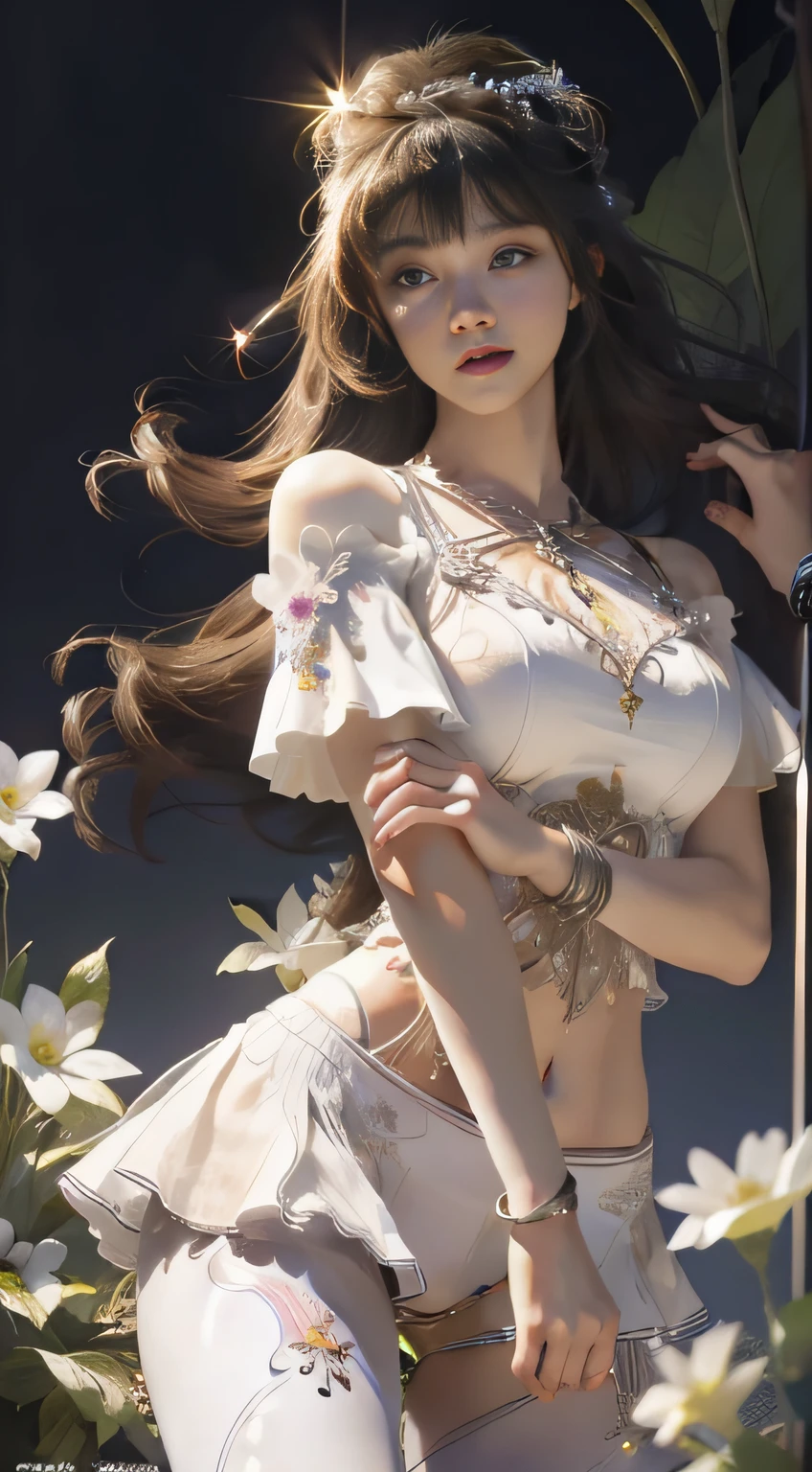 (hyperrealistic), (illustration), (high resolution), (8K), (extremely detailed), (best illustration), (beautiful detailed eyes), (best quality), (super detailed), (masterpiece), (wallpaper), (detailed face), solo, (dynamic pose), 1girl, white off-the-shoulder shirt with sexy super short yoga pants, bare shoulders, blooming flower field, glowing skin, light smile, camel toe, (no panties), (no bra)