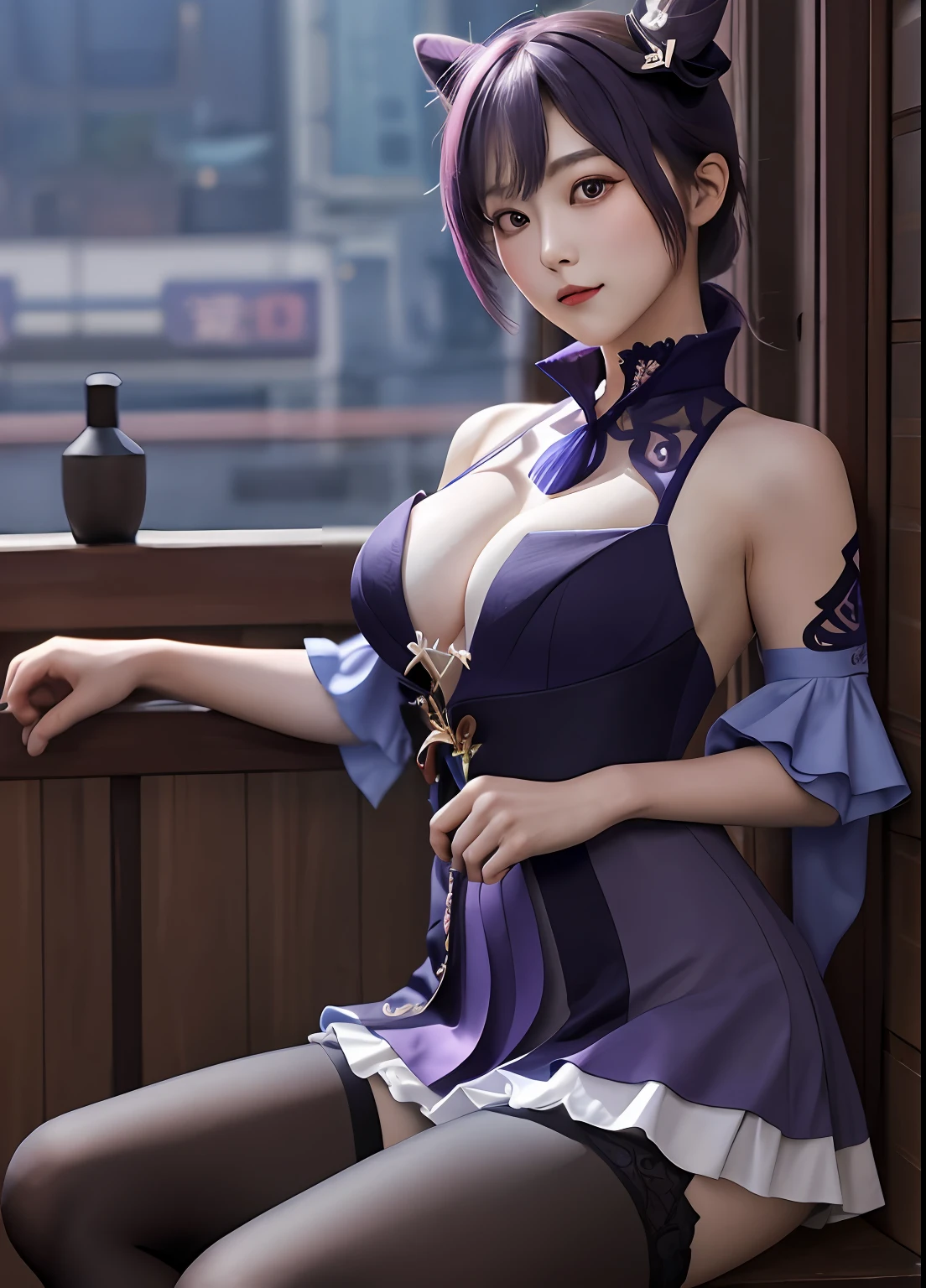 keqingdef,full bodyesbian,seductiv,Big chest,ogle,facing to audience,bare no clothes,simplebackground,black lence stockings,cropped shoulders