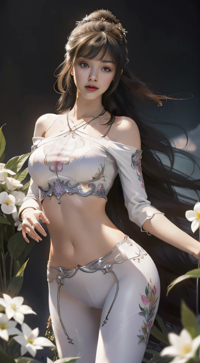 (hyperrealistic), (illustration), (high resolution), (8K), (extremely detailed), (best illustration), (beautiful detailed eyes), (best quality), (super detailed), (masterpiece), (wallpaper), (detailed face), solo, (dynamic pose), 1girl, white off-the-shoulder shirt with sexy super short yoga pants, bare shoulders, blooming flower field, glowing skin, light smile, camel toe, (no panties), (no bra)