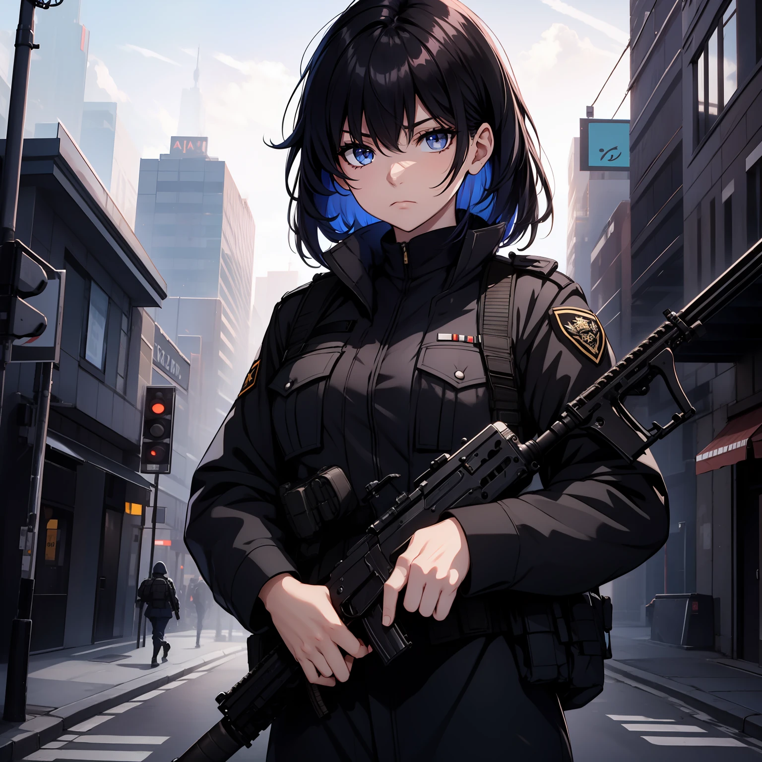 Black military uniform, Emotionless face, black hair, black eyes, detailed eyes, best quality, HD, beautiful eyes, ak-47, ak-74, holding gun, holding AK47, akm, Kalashnikov rifle, city background, night, Tacticool, woman vest

military,