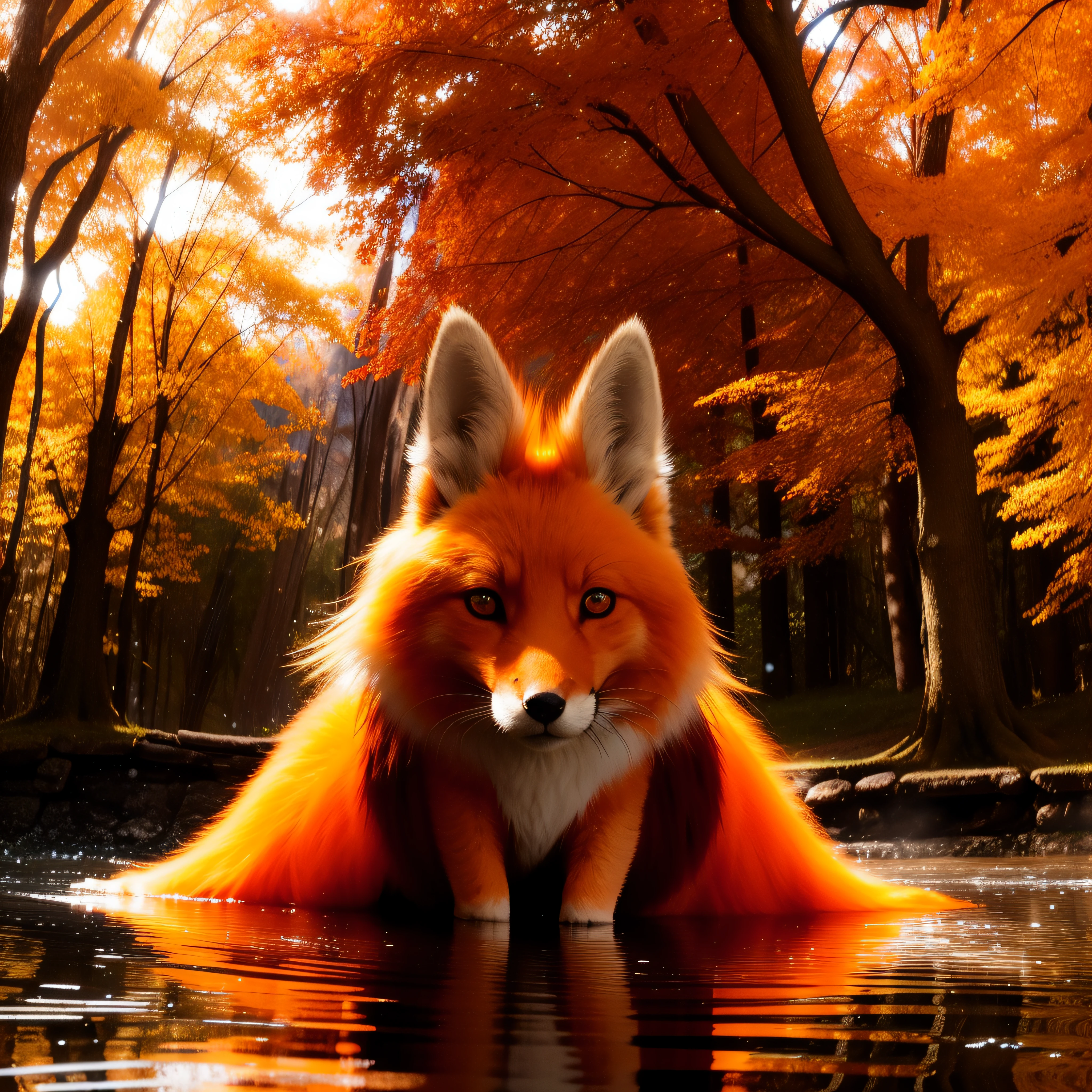 In the depths of a mystical forest, bathed in the soft glow of twilight, a fox spirit emerges from the shadows. Its vibrant orange fur shimmers with an otherworldly radiance, as if touched by moonlight. The spirit's eyes, a mesmerizing shade of amber, glint with ancient wisdom and mischievousness. Surrounded by towering trees with gnarled branches, the atmosphere is mystical and enchanting. Captured in the style of Studio Ghibli, using a render engine that emphasizes the play of light and shadow, this scene is filled with a sense of magic and wonder, drop shadow, tachi-e, pov, atmospheric perspective, Hyperrealism, En plein air, sparkle, glowing light, god rays, panorama, lens flare, 35mm, Canon, super detail, ccurate, best quality, 16k, award winning, masterpiece