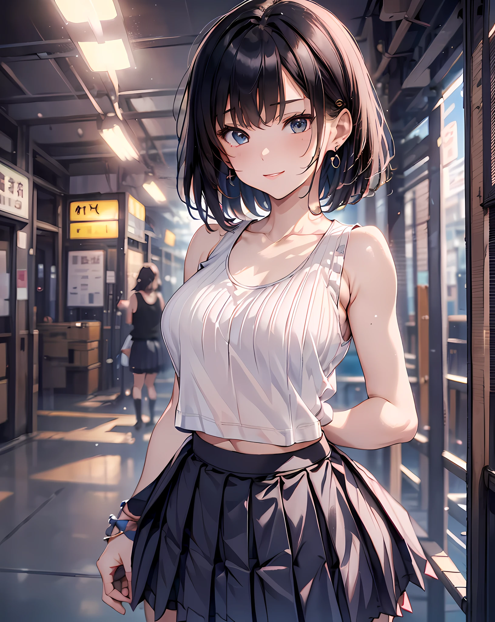 (masterpiece, best quality:1.37), highres, ultra-detailed, ultra-sharp, BREAK, Korean school idol, (((1girl:1.37, solo))), (beautiful anime face, cute face, detailed face), (black hair, thin hair, short hair, bangs, hime-cut), detailed beautiful cyan eyes, BREAK, ((detailed tank-top:1.5), (detailed box-pleats short-skirt:1.5)), BREAk, lovely look, water melon earing, detailed clothes), light smile, closed mouth, parted lips, pink lipstick, BREAK, ((standing, leaning forward, arms behind back,:1.3, cowboy shot)), detailed human hands, HDTV:1.2, ((detailed station view background:1.3)), 8 life size, slender, anime style, anime style school girl, perfect anatomy, perfect proportion, inspiration from Kyoto animation and A-1 picture, late evening, excellent lighting, bright colors, clean lines, photorealistic