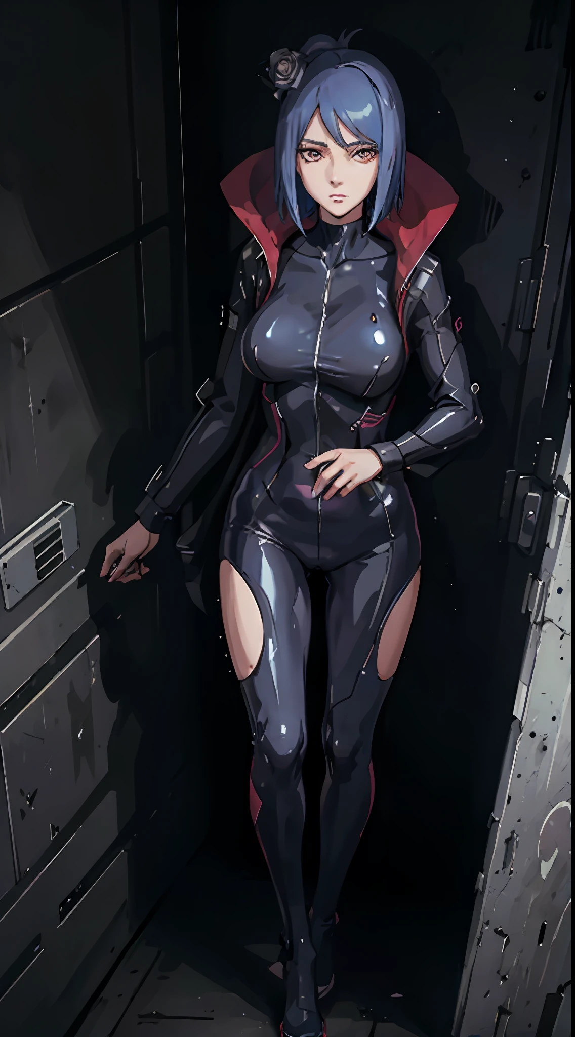 Wear a plastic jacket,Lucy inspired by the cyberpunk fringe runner,Whole body diagram,The background is the top of a high-rise building that shines at night,Whole body diagram