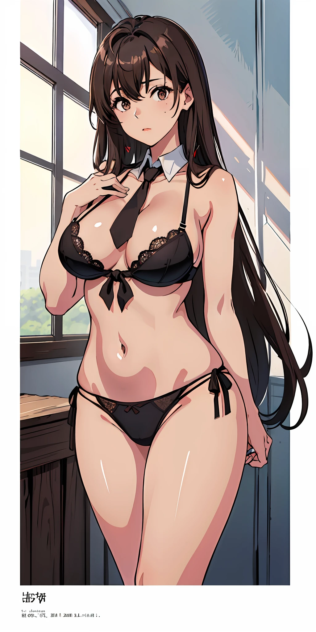 (top-quality、masterpiece)、1girl in、A stunning、((A dark-haired))、barechested、(((Brown skin tone)))、sun burn、Mole、(((Colossal tits)))、large full breasts、Sheer areol、Pink underwear is visible、Show underwear、neck tie、I can see my chest a little