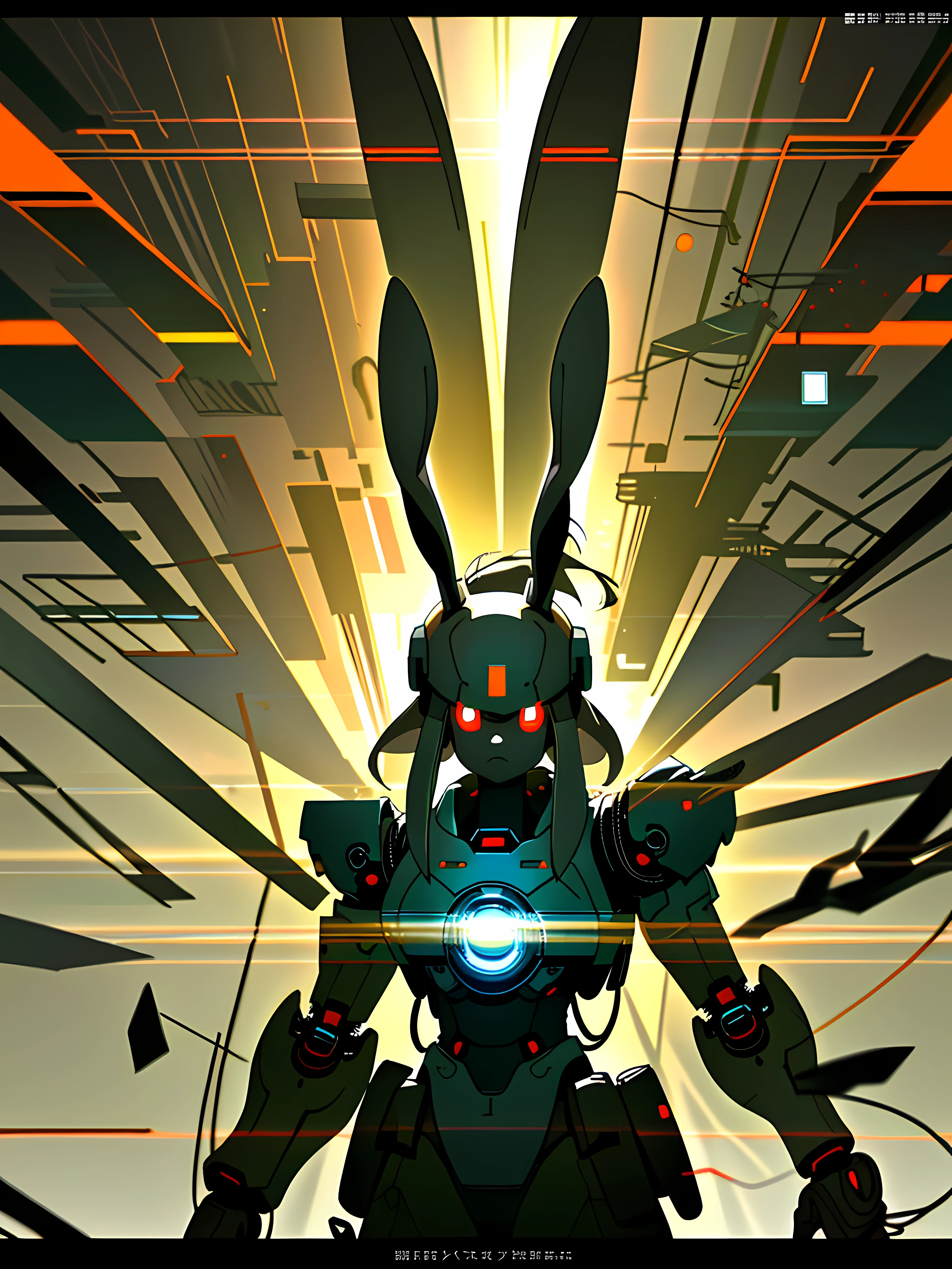 (blame! style abandoned tech landscape), (Zen, Amy Sol style), (underground, dark, foggy, perilous, abandoned dystopian apartment bedroom, deep windows), (anthro rabbit figure in heavy wired mecha armor, wearing bunny ears), cover art with light abstraction, abstract, simple vector art, contemporary Cybernetic art, color gradients, soft color palettes, layered forms, whimsical animation, style Ethereal abstract, 4K, --v6