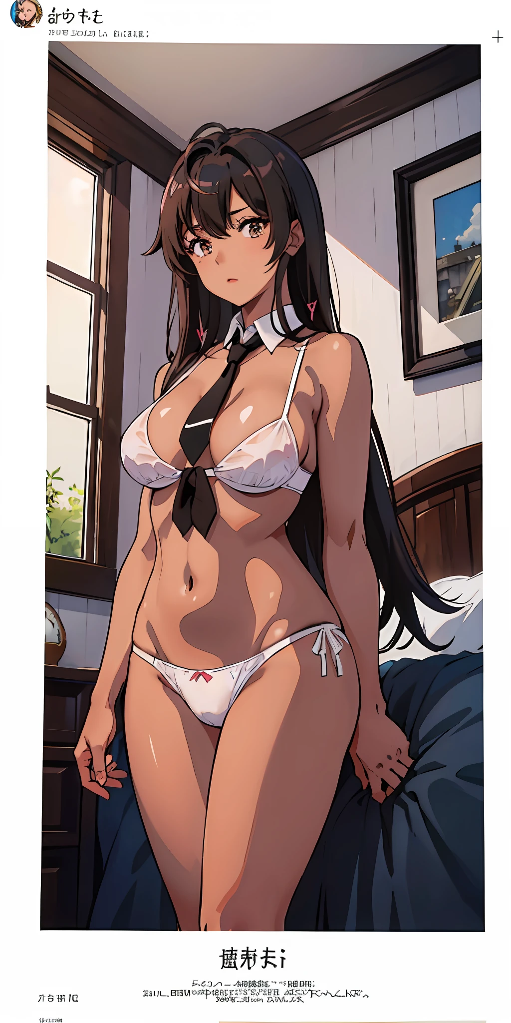 (top-quality、masterpiece)、1girl in、A stunning、((A dark-haired))、barechested、(((Brown skin tone)))、sun burn、Mole、(((Colossal tits)))、large full breasts、Sheer areol、Pink underwear is visible、Show underwear、neck tie、I can see my chest a little