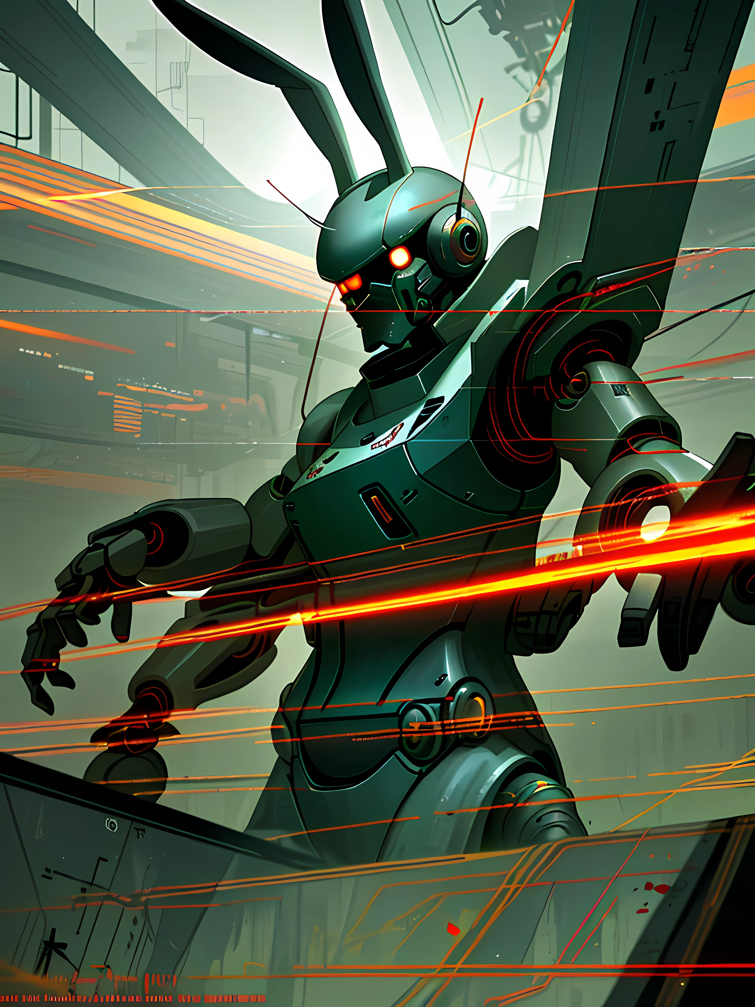 (blame! style abandoned tech landscape), (Zen, Amy Sol style), (underground, dark, foggy, perilous, abandoned dystopian apartment bedroom, deep windows), (anthro rabbit figure in heavy wired mecha armor, wearing bunny ears), cover art with light abstraction, abstract, simple vector art, contemporary Cybernetic art, color gradients, soft color palettes, layered forms, whimsical animation, style Ethereal abstract, 4K, --v6